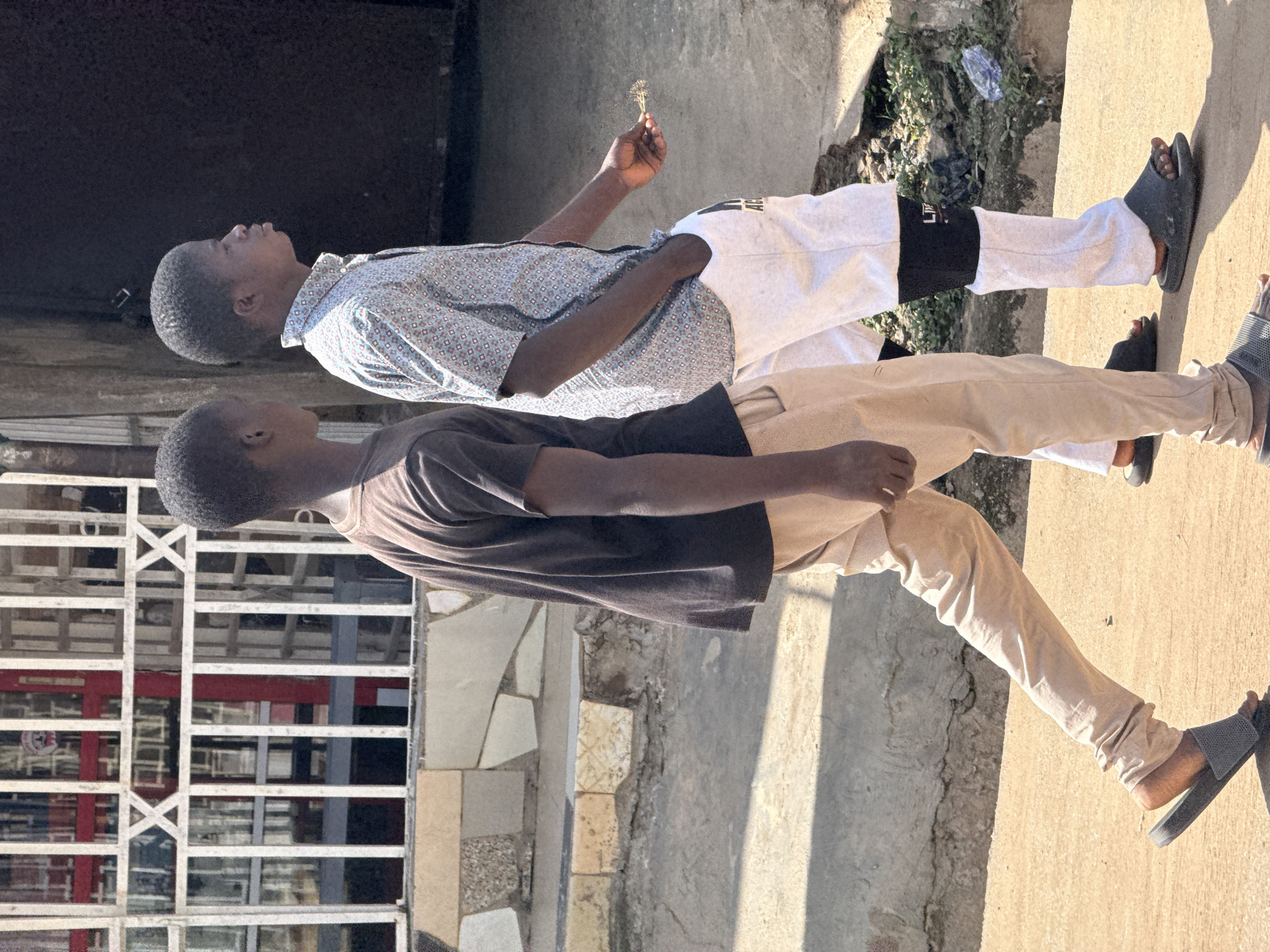 Two young boys are walking outdoors in what appears to be a city street in Abuja, Nigeria. The boy on the left is wearing a dark brown t-shirt and light tan pants, with grey slide sandals on his feet. He is in motion, with his left leg extended forward. The boy on the right is wearing a light blue and white patterned short-sleeved shirt and light grey sweatpants with black knee-high socks. His right hand is in his pocket, and he is holding a small bunch of dried grass in his left hand. They are walking on a concrete path, with a building and a white metal fence visible in the background on the left. The ground is dusty, and there is some greenery and debris along the edge of the path on the right. The lighting suggests it is daytime, with shadows cast on the ground.