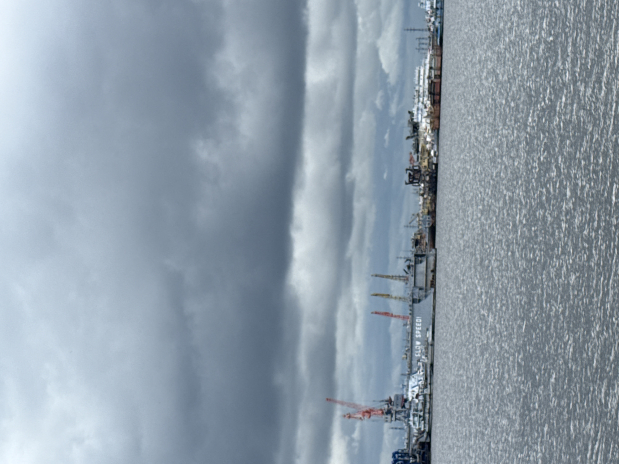 The image displays an industrial port scene under a heavily overcast sky, depicted as being in the city of Chaikovsky, Russia. The upper two-thirds of the frame are filled with dense, dark grey clouds, indicating an entirely overcast sky with diffused lighting. The lower third of the image shows a body of water, likely a river or bay, with fine ripples visible across its surface.
Along the distant shoreline, a busy maritime industrial complex is visible. Numerous vessels are docked or moored. A prominent large grey vessel in the mid-ground features the words "SLOW SPEED!" painted in white capital letters on its hull. Several cranes of varying colors and sizes are present; two large red and white cranes with extended booms are visible on the left side, and two distinct yellow cranes are positioned towards the center-right. Other ships, barges, and industrial structures are clustered along the shore. In the far right background, several tall, slender structures resembling electrical transmission towers are present. No individuals are discernible within the scene.