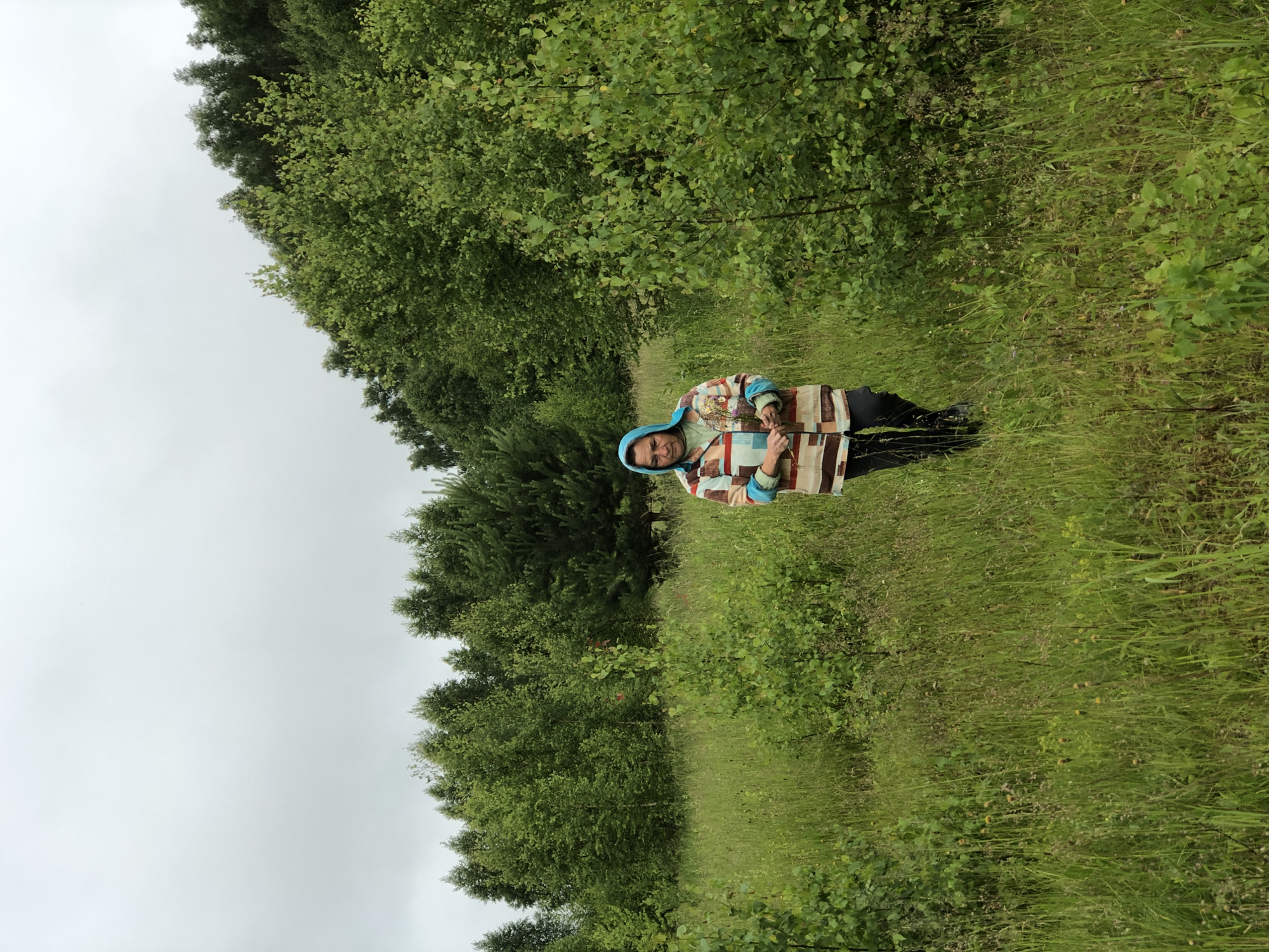 A person wearing a blue headscarf and a colorful patterned jacket walks through a grassy field with trees in the background. The person is holding a small bouquet of flowers. The sky is overcast. This image was taken in the city of Zhukovo, Russia.
