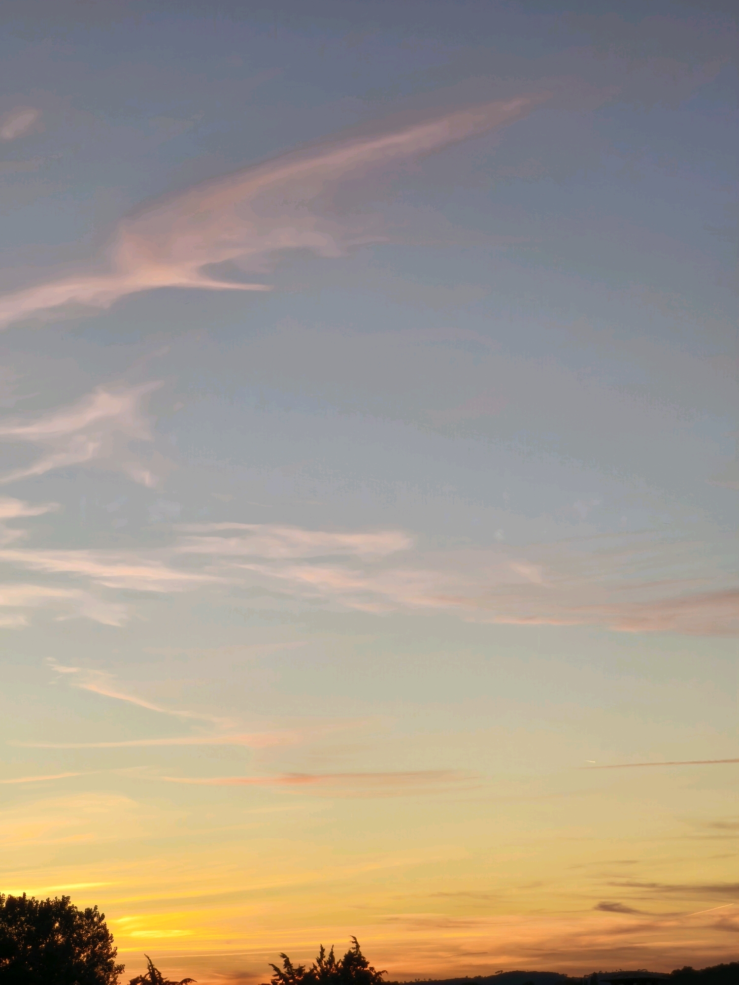 The image captures a serene sunset over Passignano sul Trasimeno, Italy. The sky displays a gradient of colors, transitioning from a soft pink and pale blue at the top to a vibrant orange and yellow near the horizon. Wispy clouds are scattered across the sky, catching the warm hues of the setting sun. Silhouetted against the colorful sky are the dark outlines of trees and the undulating landscape of the town. The overall impression is one of tranquility and natural beauty.