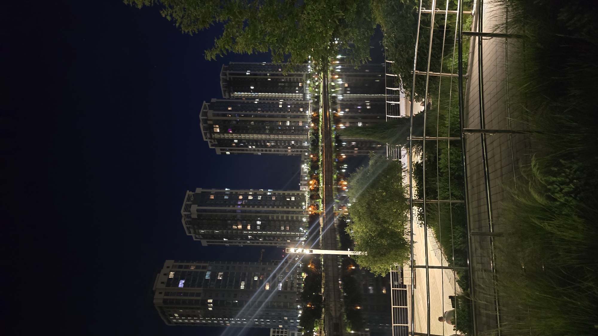 A nighttime exterior scene features a waterfront promenade with several high-rise apartment buildings in the background. The buildings are illuminated, with many windows lit. A body of water reflects the lights of the buildings and the sky. A pedestrian walkway with railings lines the waterfront, and landscaping with trees and grass is visible. In the foreground, tall ornamental grass partially obscures the view of the walkway and a solitary person sitting on a bench. The overall impression is an urban, nighttime cityscape.