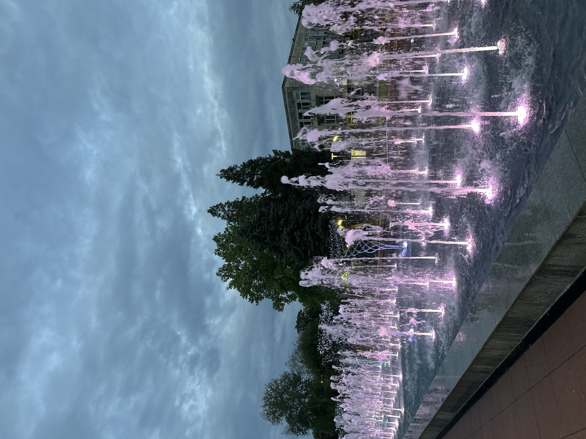 Captured at night, this image shows a fountain lit with pink lights in the city of Montana, Bulgaria. The fountain consists of a series of vertical jets of water that create a wall effect. Trees and a building are partially visible in the background. Overcast sky covers the fountain, obscuring direct visibility of the night sky. The image is shot from a low angle, emphasizing the fountain as the central subject.
