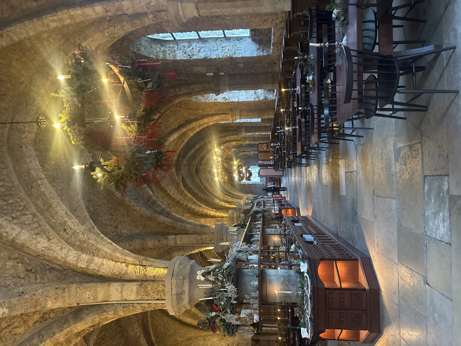 The image displays a festive setting within the vaulted stone refectory of the Abbaye des Vaux de Cernay in Cernay-la-Ville, France. The hall features high arched ceilings supported by thick stone columns and rough-hewn stone walls, with a floor composed of large, irregularly shaped stone slabs.
A long, multi-tiered dark wooden serving station extends along the left side of the hall, featuring integrated warm yellow lighting under its shelves. This station is extensively decorated with evergreen garlands, white bows, small artificial Christmas trees, and multiple white pillar candles in silver holders, with various dishes and serving items displayed on its surfaces.
Overhead, multiple large, circular metal chandeliers hang from the ceiling, each adorned with evergreen garlands, red berries, and white candy canes, and illuminated by several candle-shaped light bulbs. On the right side of the hall, rows of dark wooden rectangular tables and matching chairs are arranged. Each table is minimally decorated with a small evergreen sprig and a white candle in a silver holder. Tall, arched windows on the right wall allow natural light into the space.
A single individual, dressed in dark clothing, is visible walking away from the camera in the central aisle, positioned towards the far end of the serving station. The overall environment is set for a festive event, likely during the Christmas season.