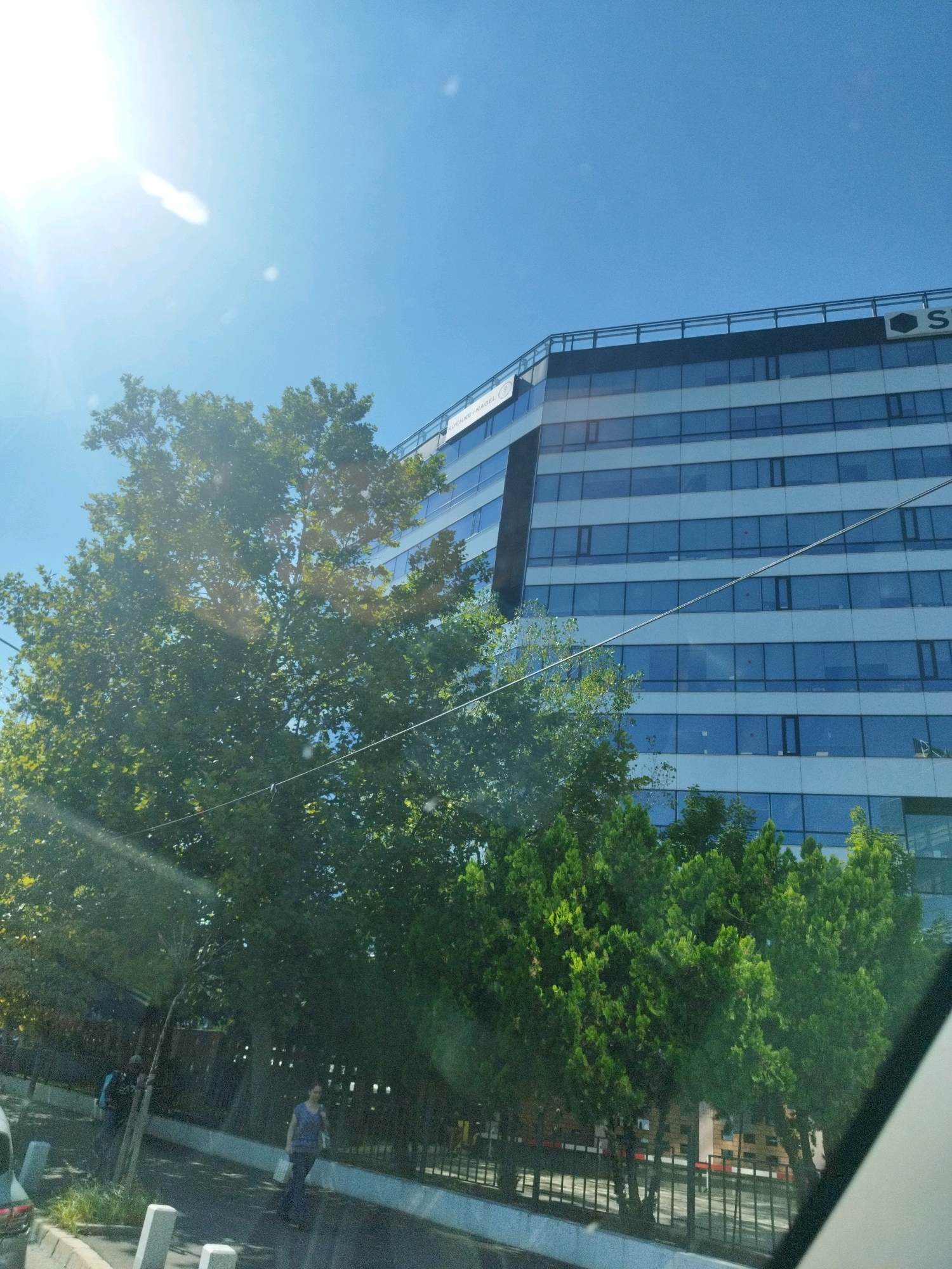 The image captures a sunny day with a bright blue sky over Bucharest, Romania. In the foreground, a large tree with green foliage dominates the left side of the frame, with sunlight streaming through its branches, creating lens flare. Behind the tree, a modern, multi-story office building with a glass facade is visible. The building's facade is characterized by horizontal bands of blue glass windows and white accents. A black railing runs along the top of the building, and a logo, which appears to be a hexagon with an "S" inside, is mounted on the top right corner of the building. The text "KUEHNE+NAGEL" is visible on the upper left portion of the building.
In the middle ground, a fence separates a sidewalk area from a road or parking lot. On the sidewalk, two individuals are walking. One person, in a blue top and dark pants, is carrying a light-colored bag. Another person is partially obscured by trees, wearing a dark backpack. A silver car is partially visible on the far left of the image. The environment appears to be an urban setting, likely an office park or business district, with trees and landscaping.