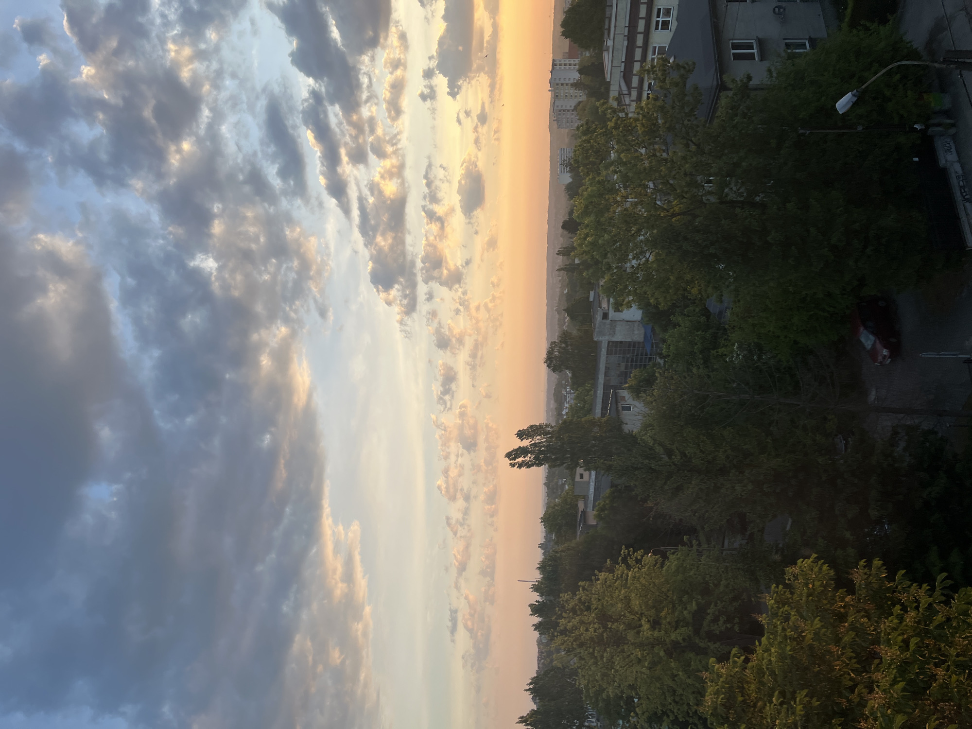 The image displays a panoramic view of an urban or suburban landscape captured during either sunrise or sunset. The sky occupies the upper two-thirds of the frame, presenting a dramatic contrast between thick, dark grey and blue clouds on the left and luminous, golden-orange clouds on the right, hinting at the sun's low position near the horizon. Several small, dark specks, likely birds, are visible flying against the brightly lit sky.
Below the horizon, a hazy cityscape stretches into the distance, characterized by indistinct buildings and patches of green. In the foreground, dense clusters of trees with vibrant green foliage fill the lower and right portions of the image. Among the trees, several multi-story buildings with visible windows are scattered. On the far right, a streetlight with a distinctive curved arm and a white fixture stands out, illuminating a section of what appears to be a street. A red car is partially visible on the street, tucked beneath the trees. Faint, illegible text or graffiti can be seen on a wall or barrier near the streetlight. The scene conveys a serene atmosphere characteristic of the golden hour.