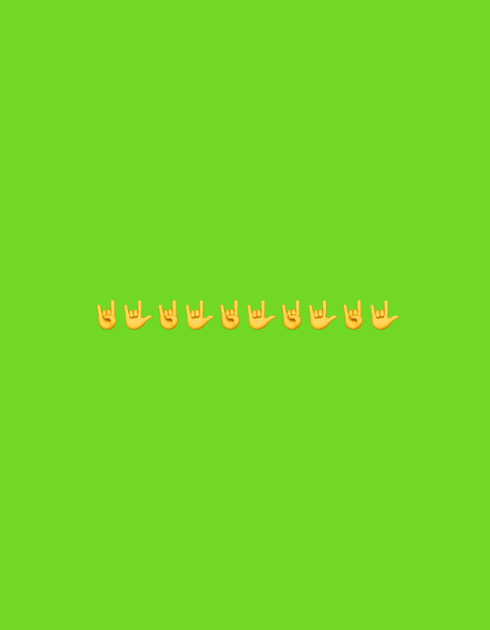 A green background features a horizontal row of eight identical rock-on hand emojis. The emojis are yellow and are evenly spaced.