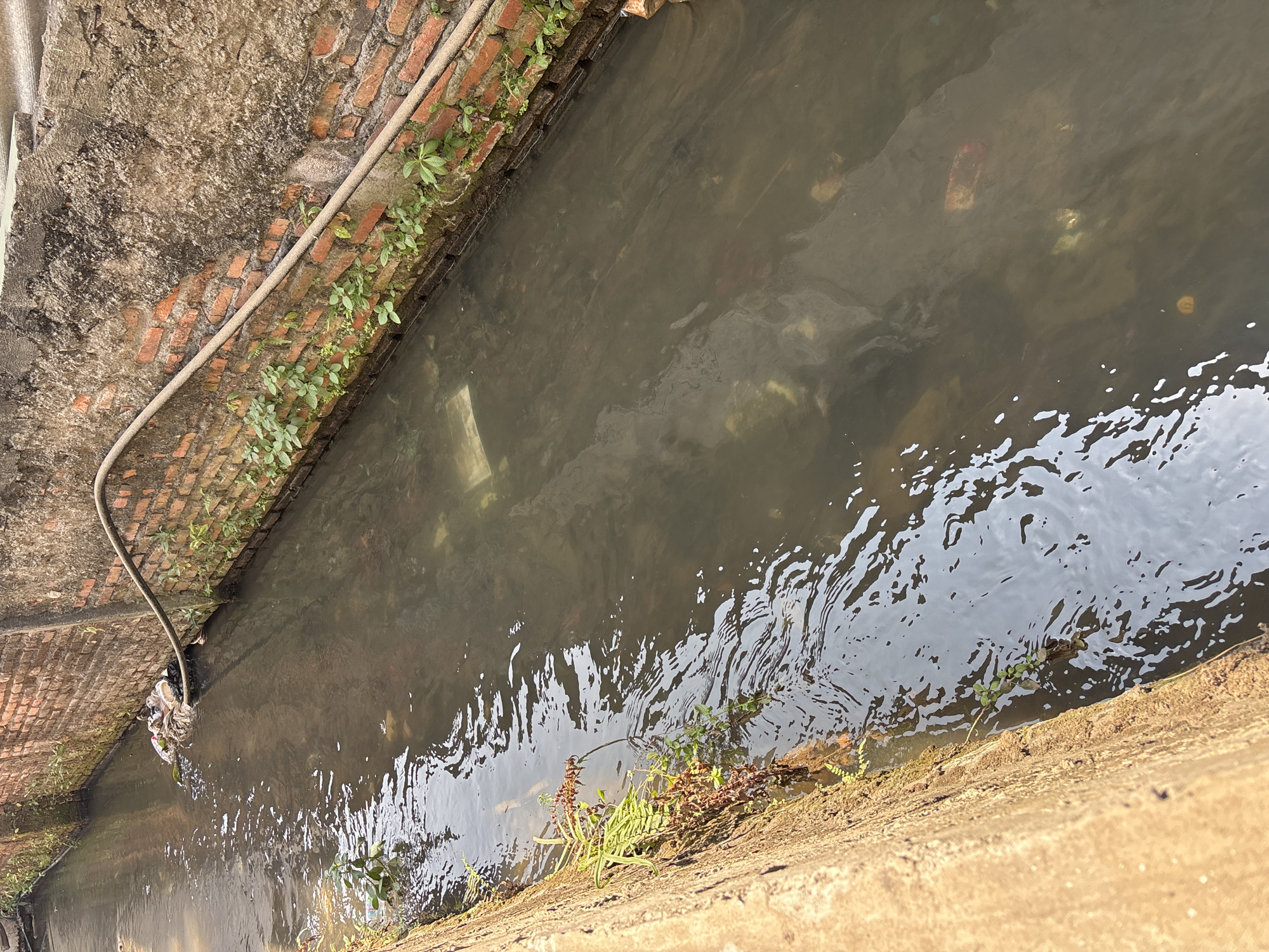 The image depicts a polluted, narrow canal in Telagamurni, Indonesia. The canal is lined with brick walls, some of which are crumbling and covered with moss and small plants. A hosepipe runs along the top of the right wall. The water in the canal is dark and murky, with visible debris and trash floating on the surface and submerged beneath. Some plastic bags and other solid waste are clustered near the top left of the canal. The canal appears to be an open drain or a neglected waterway within an urban or semi-urban environment, possibly an alleyway or a backyard. The overall impression is one of neglect and poor environmental conditions.