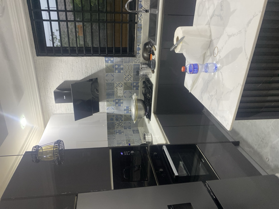 The image displays a modern kitchen, presented sideways as if rotated 90 degrees counter-clockwise. The space features sleek, dark grey lower cabinets and built-in appliances, paired with white upper cabinets. The countertops are a light color, with a prominent kitchen island or peninsula featuring a white marble-effect surface.
A decorative blue and white patterned tile backsplash extends above the gas stovetop, over which a black range hood is mounted. A pot rests on the stovetop burners. To the left, integrated black appliances, including an oven and another unit (possibly a microwave), are built into the cabinetry. A window with black security bars is visible, providing natural light, and a stainless steel sink with a faucet is positioned beneath it.
On the kitchen island/peninsula, a roll of paper towels with a knife stuck in it, a plastic water bottle, and a rubber band are present. The kitchen is illuminated by both recessed ceiling lights and a decorative pendant light with a dark metal cage and an amber-toned inner glass, hanging over a section of the countertop. The walls have a light, textured finish, and crown molding is visible along the ceiling line. Electrical outlets are present on the backsplash. No individuals are visible, and no discernible text is legible other than general appliance branding.