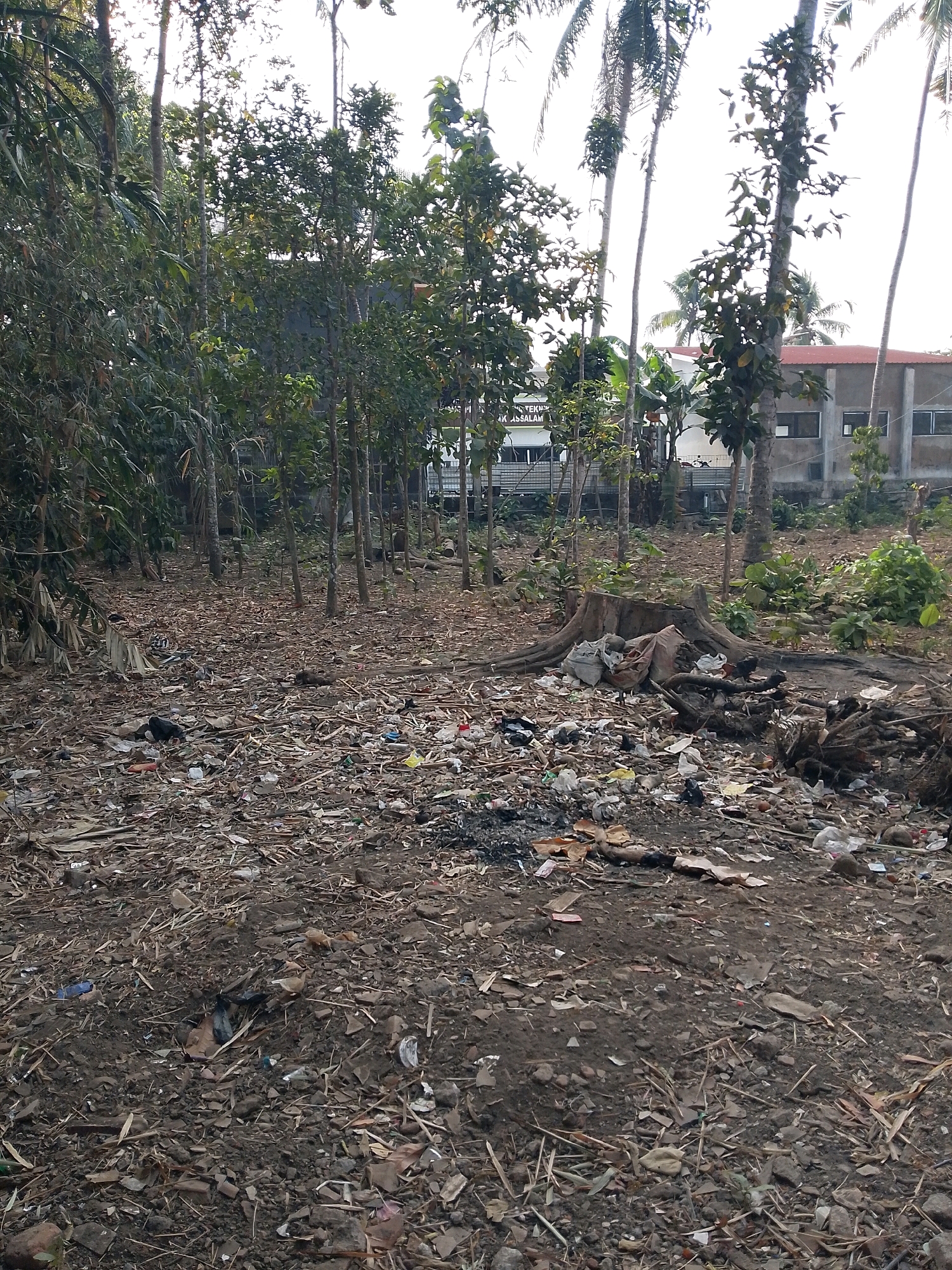 A vertical, medium shot captures a heavily littered, outdoor scene, likely in a less developed area of Rejoyoso, Indonesia. The foreground is a chaotic expanse of ground covered in a thick layer of debris, including dried leaves, twigs, rocks, and a significant amount of trash. Visible trash items include plastic bags, bottles, wrappers, and unidentifiable refuse. In the mid-ground, a large tree stump is prominent, also surrounded by trash. Behind the stump, more debris and vegetation are visible. The background features a dense cluster of trees, with thinner trunks and leafy canopies, some reaching towards the sky. Beyond the trees, a building with a reddish-brown roof and grey walls is partially visible, suggesting the presence of civilization nearby. The sky is overcast and a light grey. There are no people visible in the image, and no immediate actions or interactions are depicted. The overall impression is one of neglect and environmental degradation.