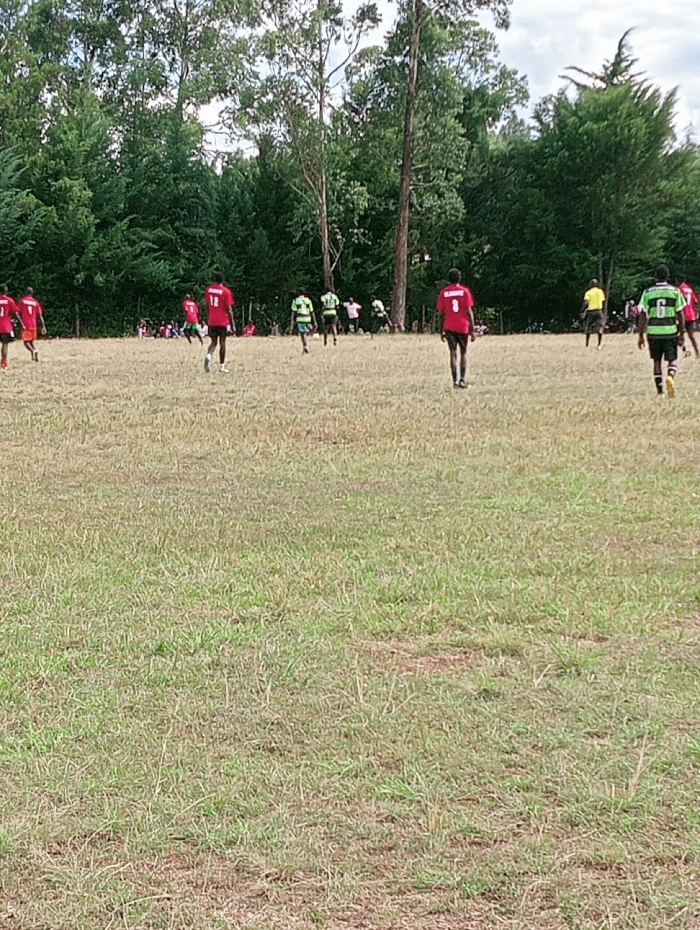 The image depicts an outdoor soccer match in Lwandeti ward, Kenya. Approximately 15-20 individuals are present. Multiple male players, varying in age, are distributed across a dry, sparse grass field. Players are primarily wearing colored jerseys: several in red (numbers 1, 3, 11, 12 visible), and several in light green and black striped jerseys (number 6 visible). Other players wear yellow or indistinctly colored shirts. Players are in various stances, suggesting ongoing play or movement; one player in a red jersey with the number 3 on the back is walking towards the foreground, away from the distant action. A group of smaller figures, presumed to be spectators, is visible along the tree line in the mid-ground, particularly on the left side. The background consists of a dense line of tall, leafy green trees under a partially cloudy sky. No soccer ball is explicitly visible.