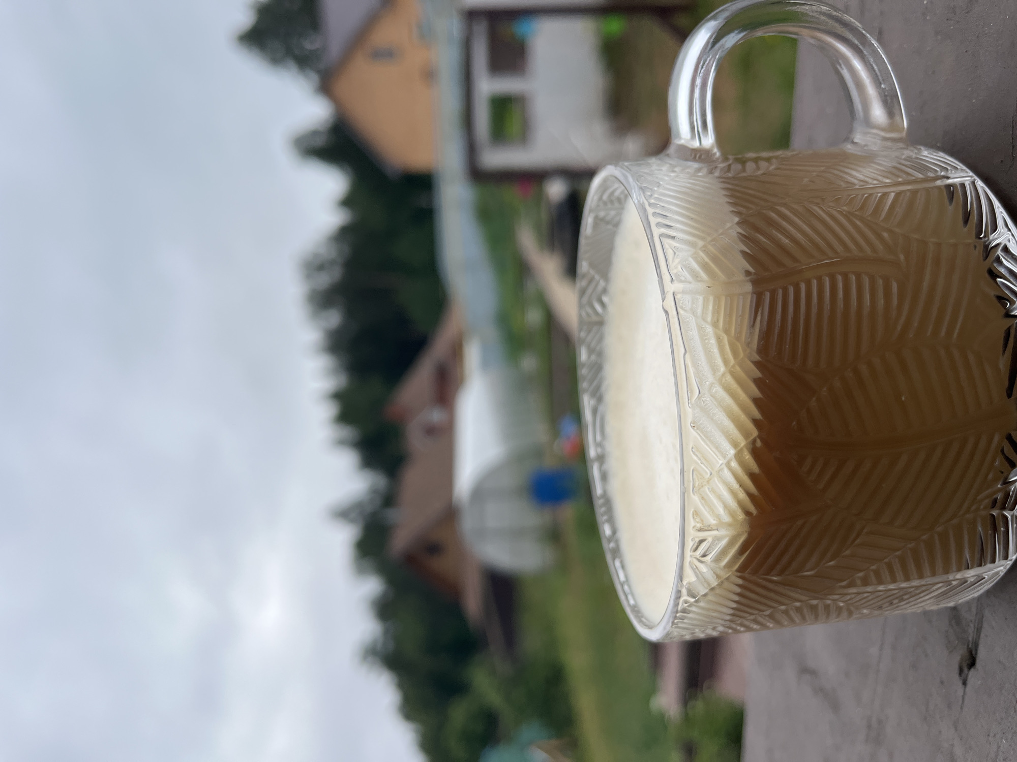 A clear, textured glass mug filled with a frothy, layered beverage, likely coffee with milk, sits on a dark, textured surface. The mug has a curved handle. In the background, a rural landscape unfolds under an overcast sky. Several houses with reddish-brown roofs are visible, along with a greenhouse and other outbuildings. Trees and greenery form a dense backdrop, suggesting a natural, possibly suburban or country setting. The lighting is diffused, indicating a cloudy day. The scene is likely located in a rural area outside of Chaikovsky, Russia, given the context provided. There are no people or animals visible in the image.