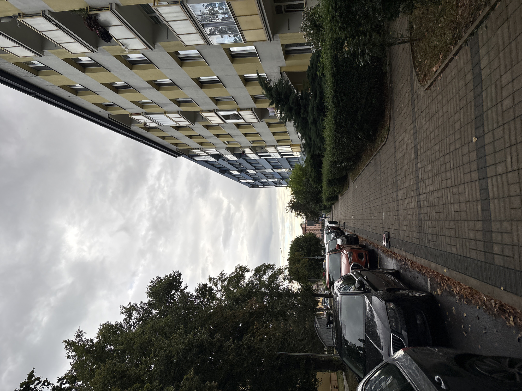 The image depicts a residential street scene on an overcast day. A multi-story apartment building with yellow and gray facades runs along the right side of the frame. The building features numerous balconies with glass railings. A paved sidewalk runs alongside the building, bordered by neatly trimmed hedges.
A line of parked cars is visible on the left side of the street, facing away from the viewer. Among them, a dark SUV and an orange compact SUV are prominent. The street surface appears wet, suggesting recent rain, with fallen leaves scattered near the curb. Tall trees with dark green foliage line the left side of the street, casting shadows. In the distance, more buildings and trees are visible under the cloudy sky. A small red and white object, possibly a robot vacuum, rests on the sidewalk near the parked cars.