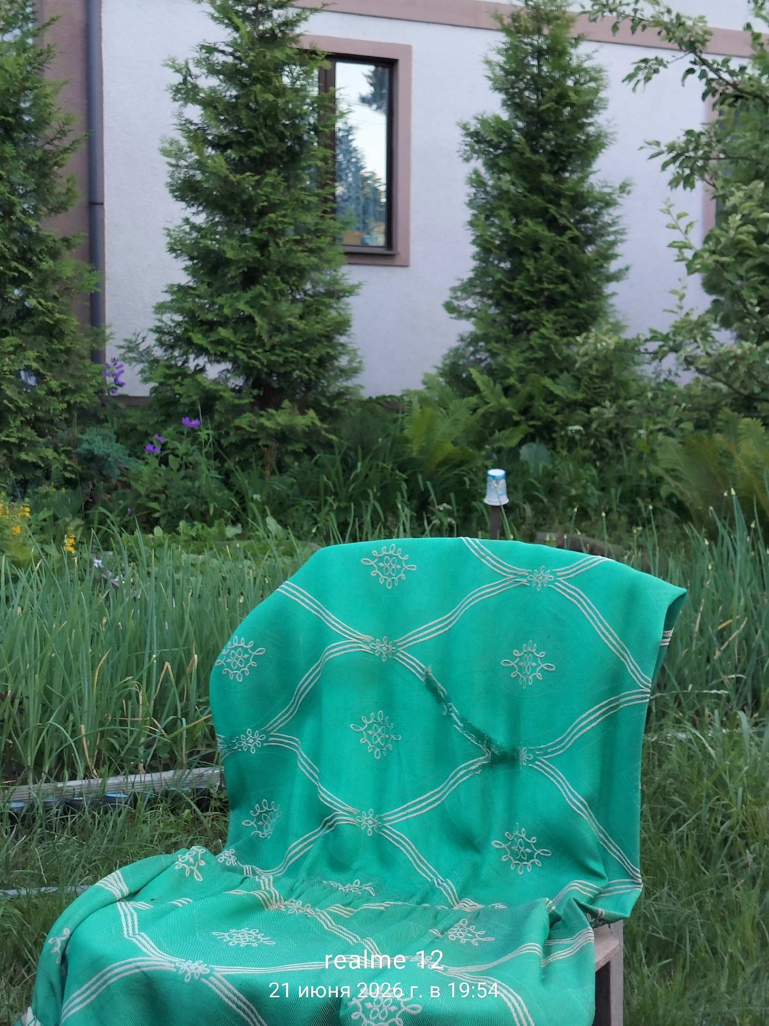 In the city of Космос-2 Снт, Russia, a green fabric with white patterned embroidery is draped over a wooden structure, possibly a chair, in an outdoor setting. The fabric features a repeating diamond pattern with floral motifs in the center of each diamond and lines connecting them. Behind the fabric, a garden is visible, with rows of green, tall plants that appear to be onions or similar vegetables. Beyond the garden, several evergreen trees stand tall, with one visible house wall and a window reflecting the surrounding greenery. The overall environment suggests a peaceful, residential garden scene.