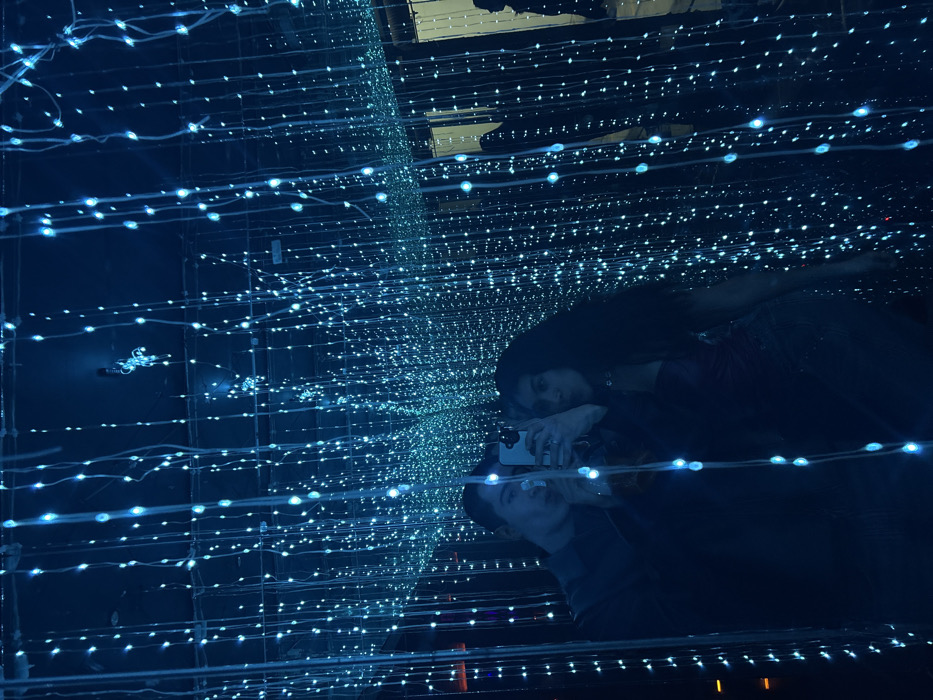 The scene depicts two individuals, a male and a female, reflected within a dark, mirrored environment illuminated by numerous vertical strands of blue LED string lights. The setting is San Bernardino Tlaxcalancingo, Mexico. The male, positioned on the left, holds a white smartphone, seemingly capturing a selfie of himself and the female on the right. Both individuals are partially obscured by the reflections and low light. The male wears a dark shirt, and the female has long dark hair and wears a dark garment. Their faces are oriented towards the camera, with their mouths slightly ajar. The blue lights create an immersive, ethereal backdrop, reflecting endlessly to convey depth. In the upper center, a faint, indistinct fixture hangs from the ceiling.