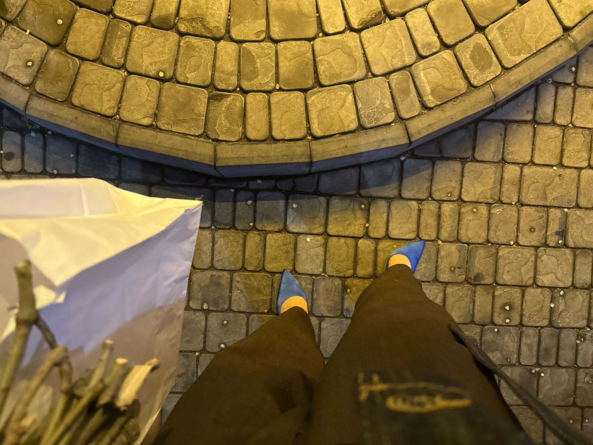 The image is a high-angle, full shot, appearing to be taken by someone looking down at their feet. The person is standing on a cobblestone walkway. The cobblestones are grey and arranged in a curved pattern. They are wearing dark pants and bright blue suede shoes. The toes of the shoes are visible. To the left of the frame, there is a white, possibly paper-covered, object with what looks like thin branches sticking out. A section of a curved cobblestone border can be seen at the top of the image, constructed of lighter, yellowish cobblestones. The scene is likely in a city, due to the paved walkway. Given the context provided, the location is probably Yerevan, Armenia.
