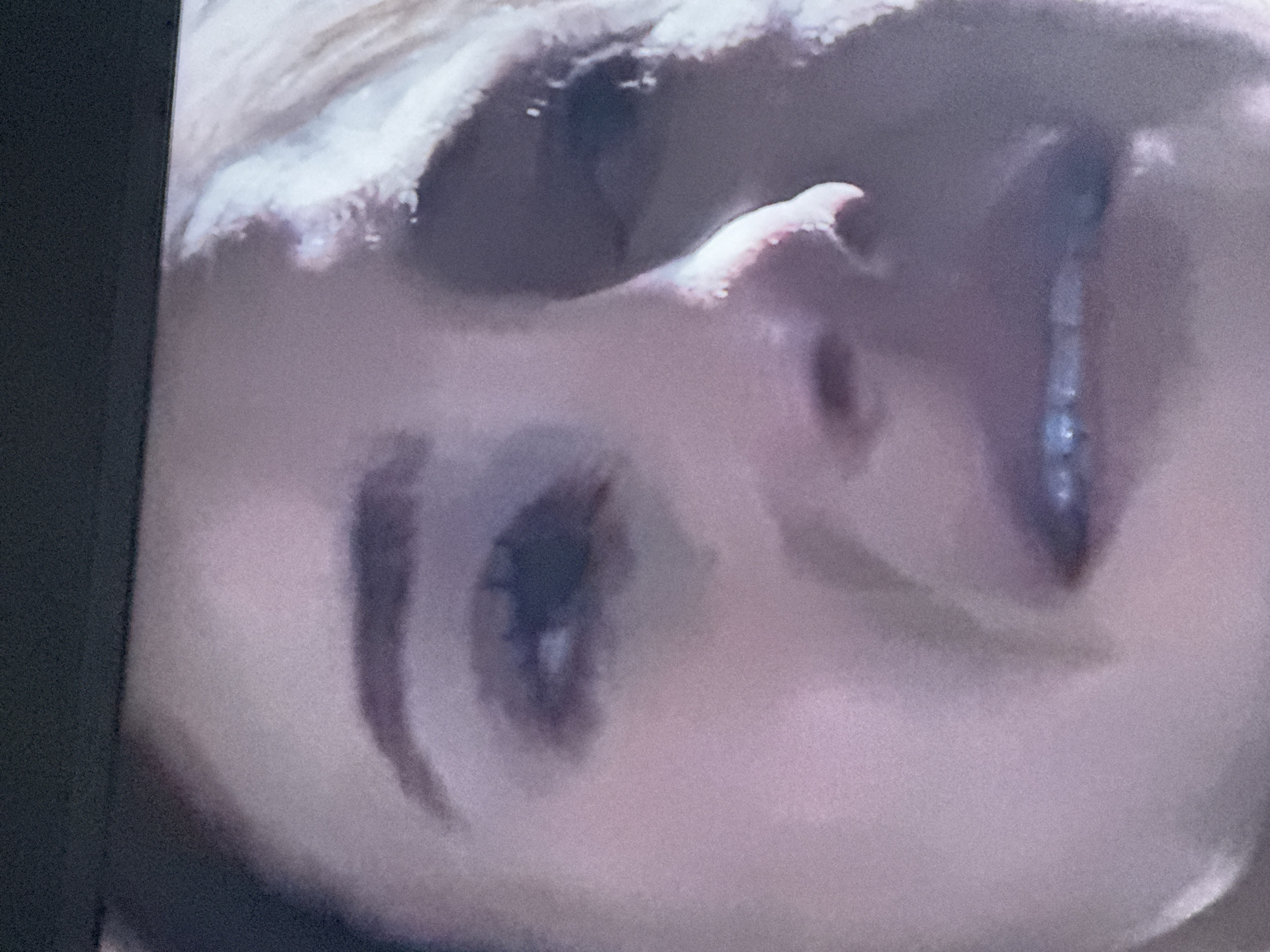 The image shows a close-up of a person's face, likely taken from a low angle. The visible features include an eye with dark lashes, an eyebrow, part of the nose, and a portion of the forehead with light-colored hair. The image quality is somewhat grainy. The location is not discernible from the image.
