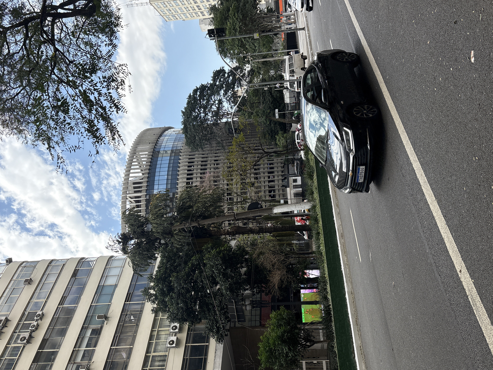 The image depicts a street scene in São Paulo, Brazil, likely on a sunny day with scattered clouds. A black Chevrolet sedan is in the foreground, driving on the right side of the road. The car has license plate TX07B66. In the background, a modern, cylindrical building with a facade of vertical elements and glass windows stands prominently. To the left of this building, a taller, older building with a cream-colored facade and numerous windows is visible. Trees, including palm trees and other leafy varieties, are scattered throughout the scene, partially obscuring the buildings. A traffic light is visible on the right side of the road. Further down the street, a white van and other vehicles are present. There are some pedestrians visible in the distance. The overall environment suggests an urban setting with a mix of architectural styles and green spaces.