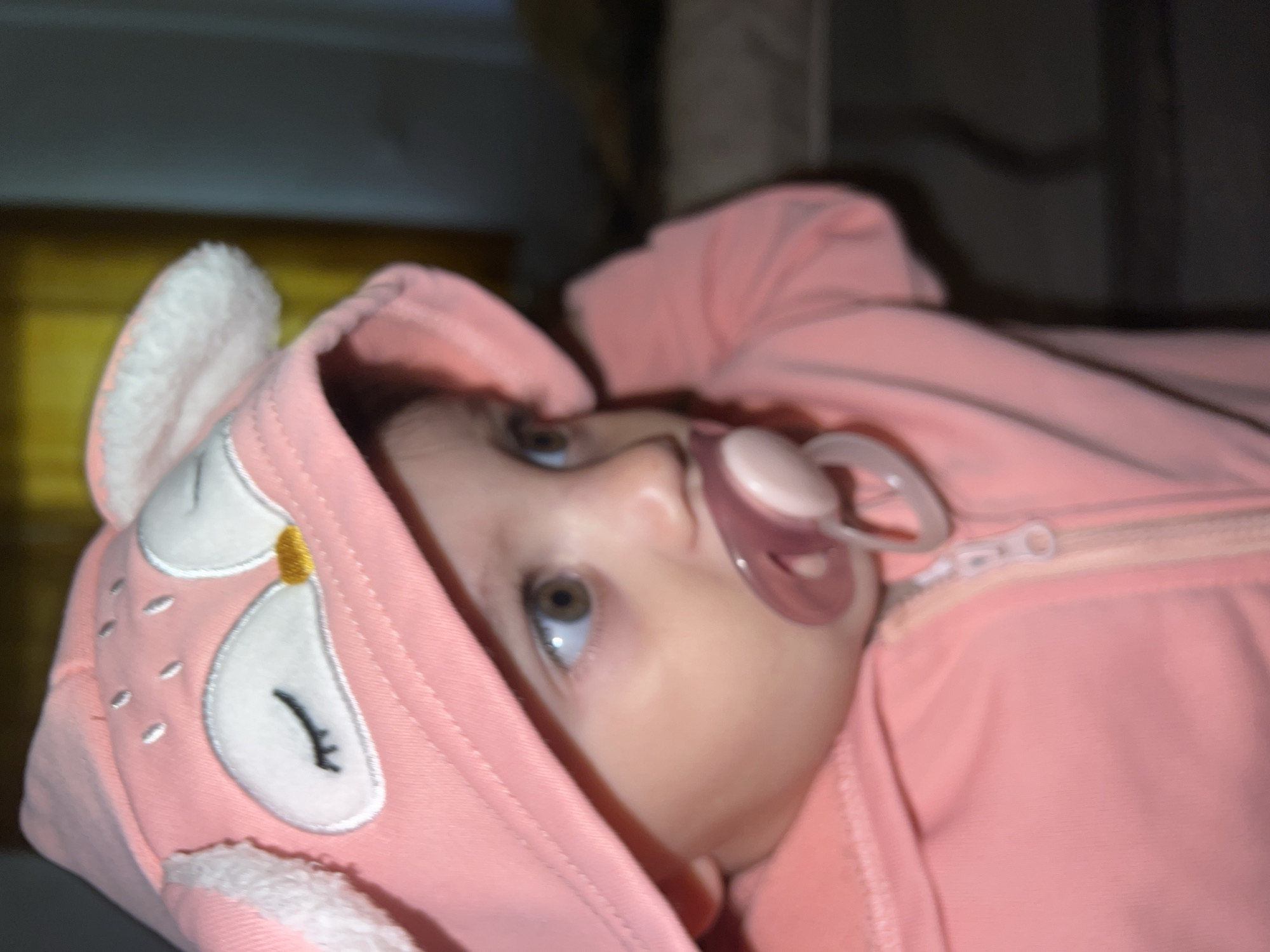 A baby is lying on its side, wearing a pink hooded onesie with animal ear and facial features on the hood. The baby has a pacifier in its mouth and is looking up. The background is out of focus, appearing to show elements of a room indoors. There is no information to suggest this image was taken in Elena, Bulgaria.