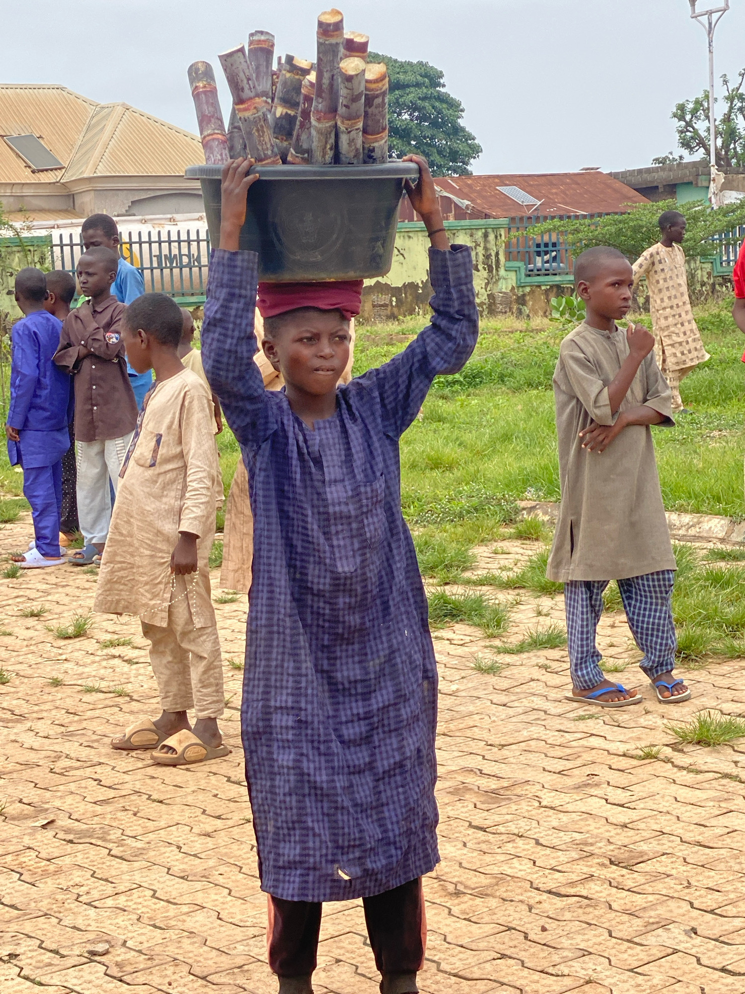In the city of Rigasa, Nigeria, a young person is depicted carrying a large black tub filled with sugarcane stalks on their head. The individual, dressed in a blue checkered tunic and black trousers, is positioned centrally in the foreground, facing towards the right of the frame. Several other young people are visible in the background, some wearing traditional clothing. The ground is paved with interlocking bricks, and patches of grass are interspersed. Buildings and greenery are present in the background, suggesting an outdoor setting within a populated area. The sky is overcast, contributing to a diffused lighting condition.