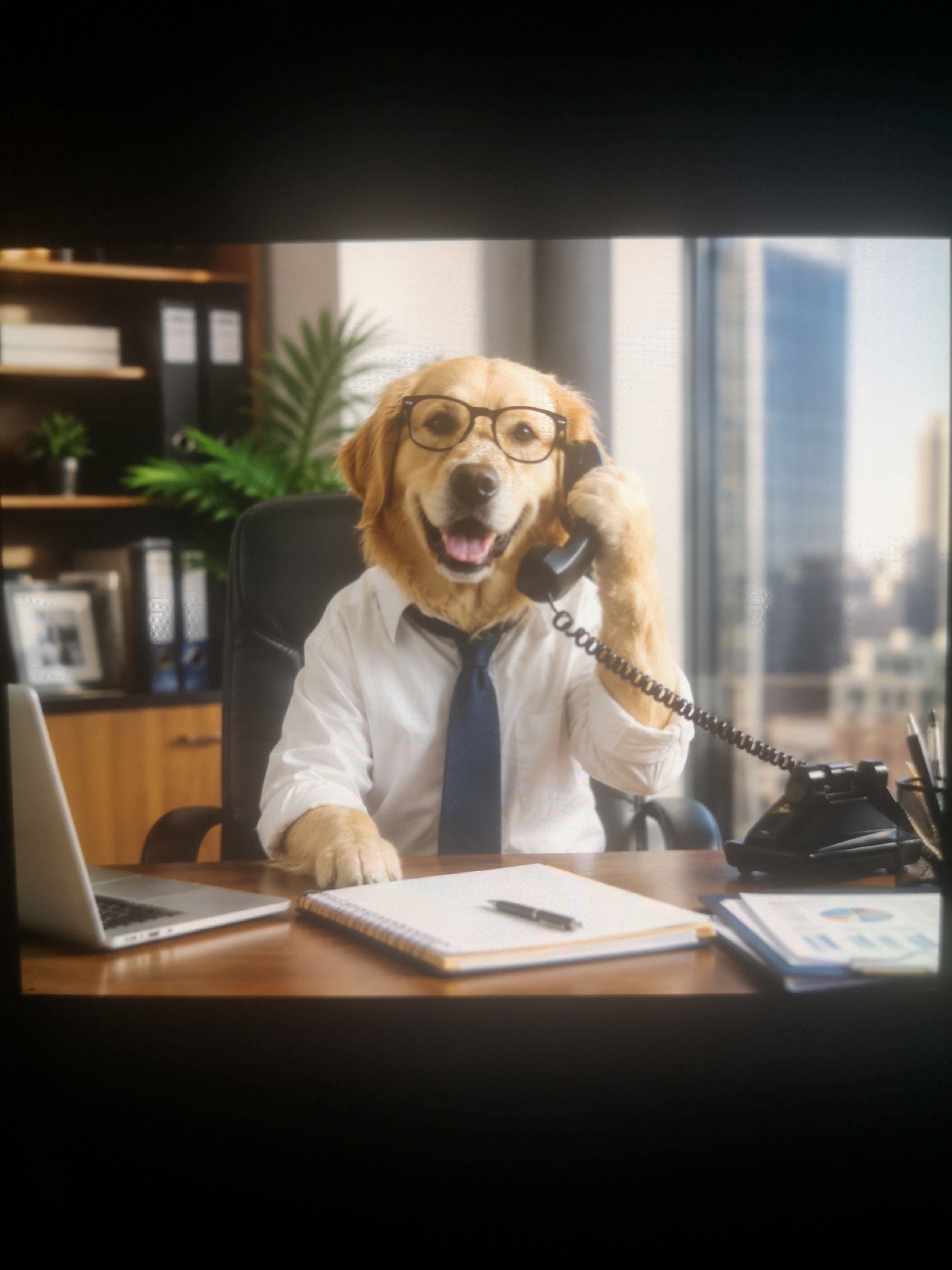 A golden retriever anthropomorphically dressed in a white dress shirt and blue tie, and wearing black-rimmed glasses, sits at a wooden desk in an office. The dog is holding a black telephone receiver to its ear with its right paw and is smiling. On the desk are a laptop, a notebook with a pen on top, a stack of papers with charts, and a black desk phone with a pen holder. Behind the dog is a black office chair and a window with a cityscape, indicating the location is a city, but the specific city is not identifiable. Behind the dog to the left are bookshelves with binders and plants. The overall scene depicts a business setting.