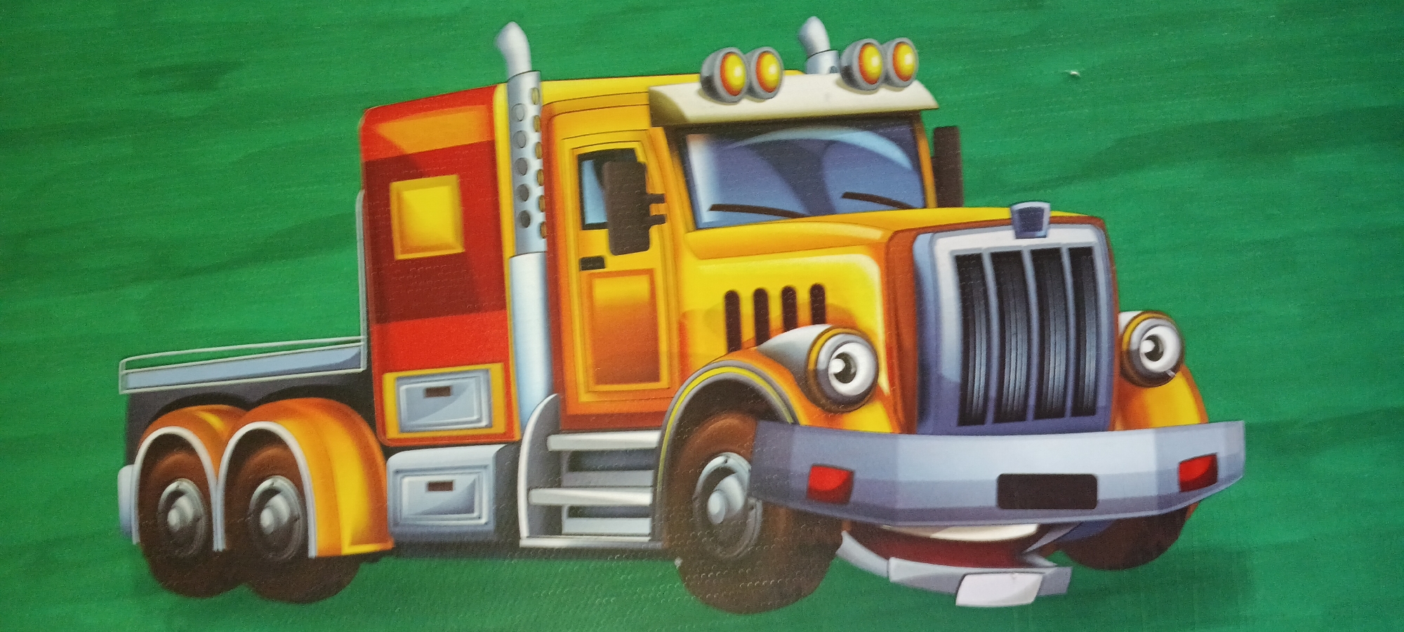 The image shows a brightly colored, cartoonish illustration of a truck against a solid green background. The truck is primarily yellow and red, with some grey and blue accents. It appears to be a stylized representation, with large, exaggerated wheels and simplified geometric shapes forming its body. The truck has a distinctive front end with large, circular headlights that resemble eyes, giving it a somewhat anthropomorphic quality. The rear of the truck shows stacked, circular elements that could represent cargo or a tank. The overall impression is one of a playful, toy-like vehicle. The green background suggests an outdoor setting, but the lack of any other environmental cues makes it impossible to pinpoint a specific location. There are no people or any indication of activity.
The location in Denpasar, Indonesia, is not discernible from the image.