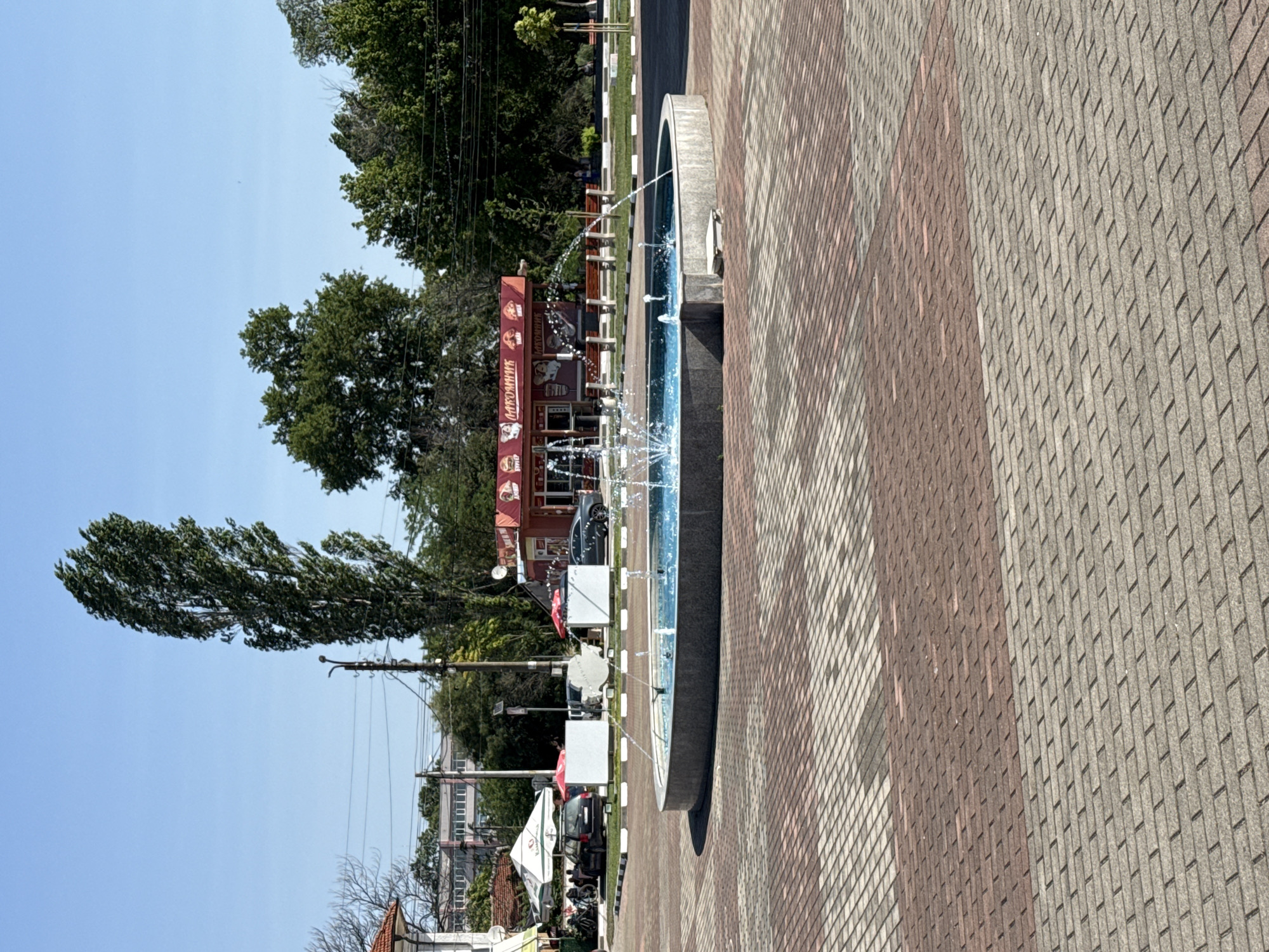 The image depicts a public square in Stryama, Bulgaria, featuring a circular fountain in the foreground with water jets spraying upwards. The square is paved with red and grey bricks arranged in a diamond pattern. In the background, there's a row of trees, a red building with signage, and other structures. A tall, slender tree stands prominently on the left side of the frame. Several cars are parked in the vicinity of the red building, which appears to be a food establishment. The sky is clear and blue, indicating a sunny day. There are no people clearly visible in the image.