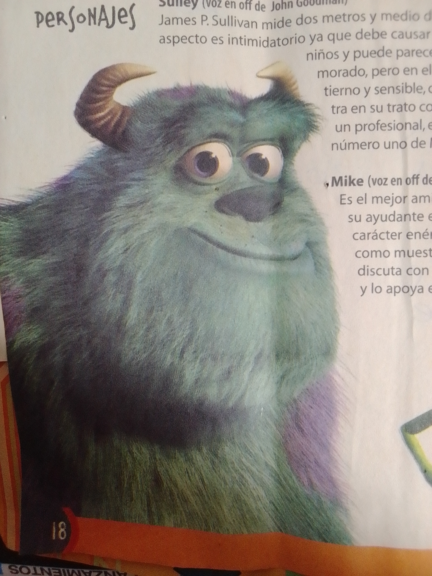 The image is a close-up of a character from the movie Monsters, Inc., identified as Sulley. The text in the image is in Spanish and describes the character. The word "PERSONAJES" meaning "CHARACTERS" is visible at the top left. Below that, text describes Sulley as being two meters tall and having an intimidating appearance, but also being tender and sensitive, a professional, and number one. The character Mike is also mentioned. The bottom of the image shows the number "18" and part of text that reads "ANZAMIENTOS". The image does not contain any information about the city of La Tagua, Venezuela.
