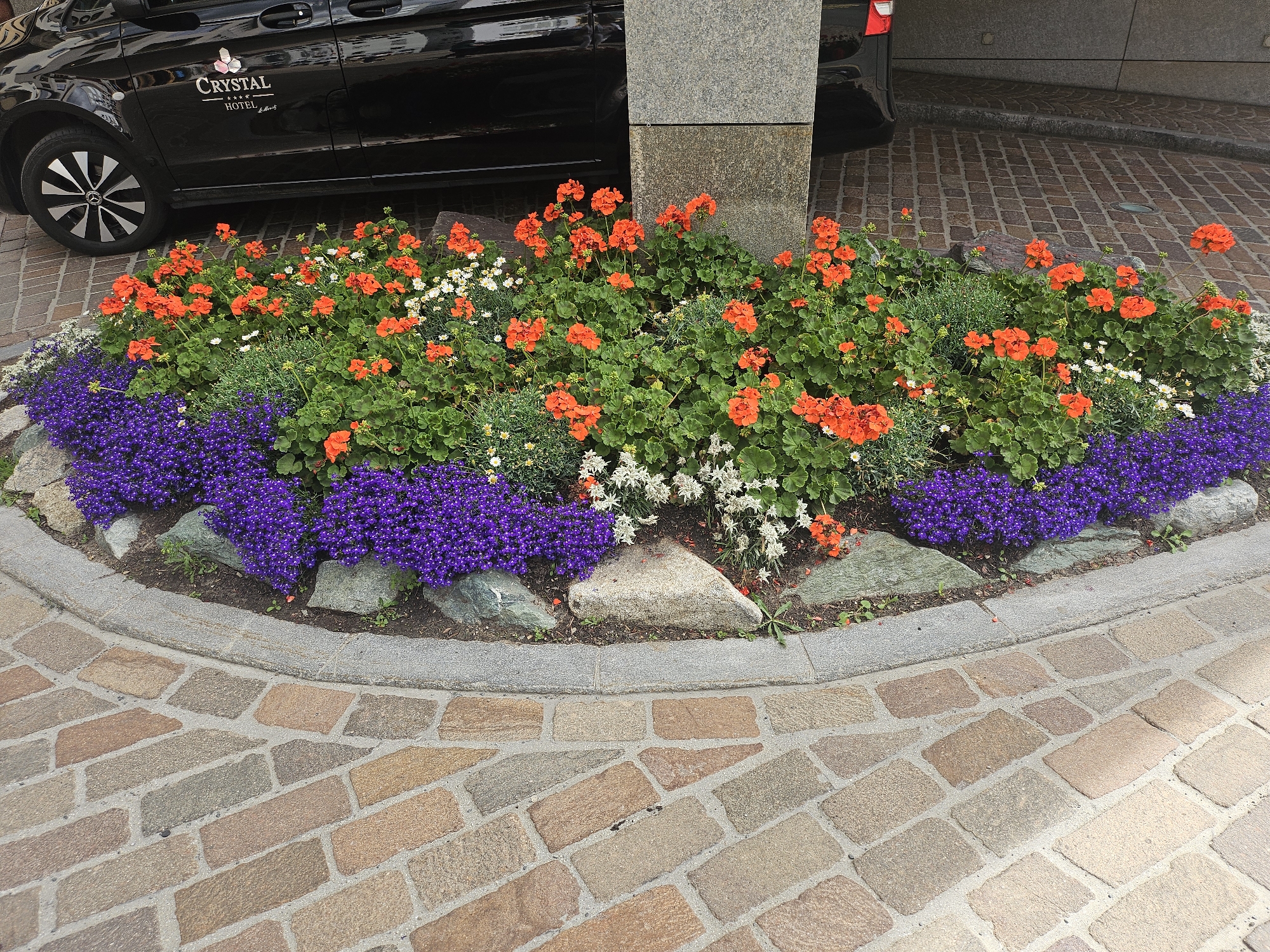 A black Mercedes-Benz Vito van with a "Crystal Hotel" logo on its side is parked next to a flowerbed in front of a building in St. Moritz, Switzerland. The van has its rear door slightly ajar. The flowerbed contains a variety of blooming flowers, including red geraniums, purple lobelia, and white flowers. The area is paved with cobblestones.