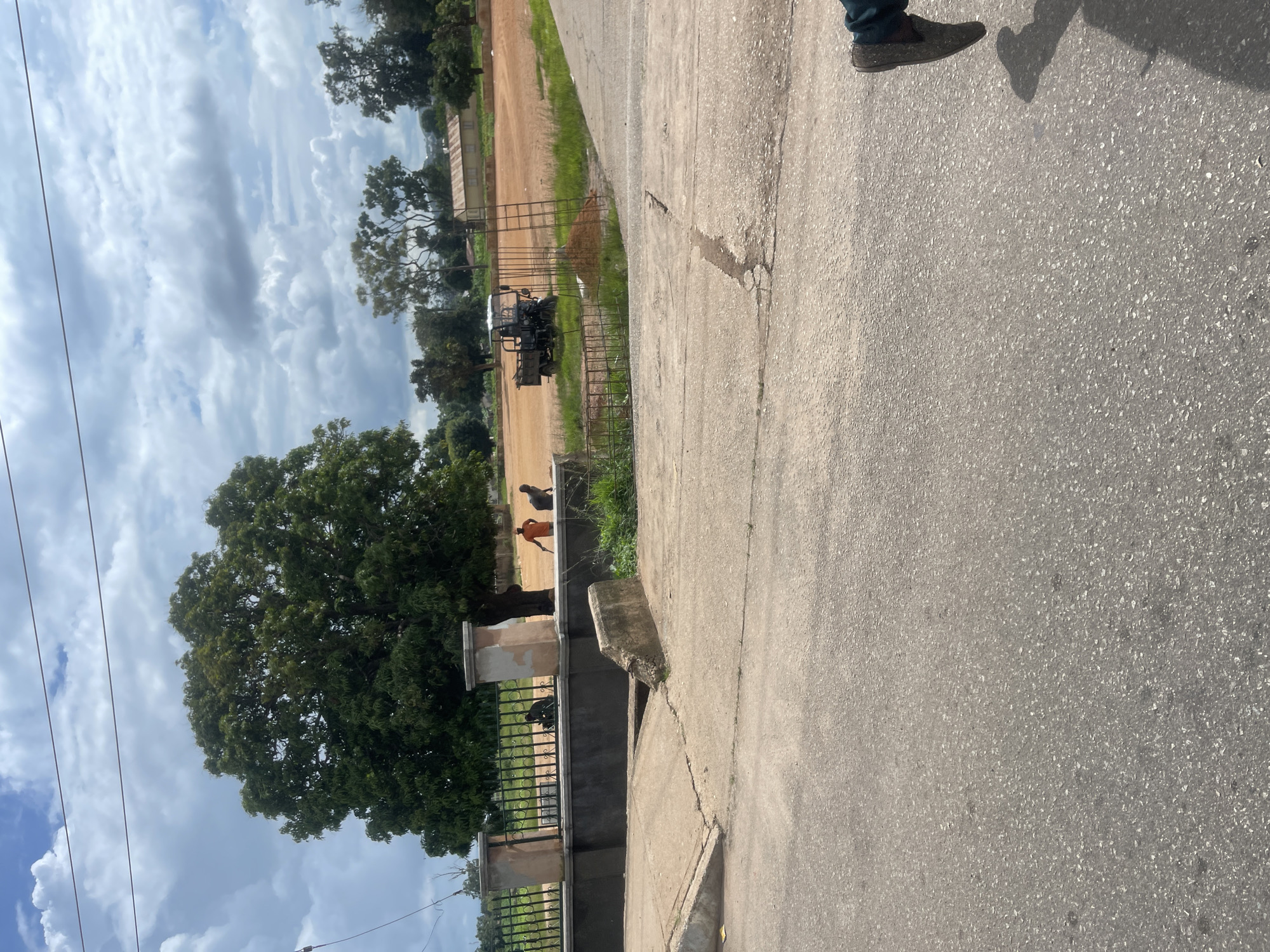 This image depicts an outdoor scene in Bar Jirgi Summa, Nigeria, on a cloudy day. In the foreground, a cracked asphalt road runs diagonally across the frame. To the left, a concrete ramp leads down from a raised area with a culvert or drainage channel. Beyond the ramp, a low concrete wall topped with a black metal fence encloses a green grassy area.
Behind the fence, a large, mature tree with a dense green canopy stands prominently. To the right of the tree, two men are visible. One man, wearing an orange t-shirt, stands near the fence, while another man, wearing dark clothing, is crouched down. Further in the background, a dirt field is visible, with a small truck parked on it. A metal ladder stands upright near a pile of dirt. In the distance, several simple buildings with yellowish walls and dark roofs can be seen, along with more trees. The sky is filled with dramatic, grey and white clouds. A partial view of a person's legs and shoes, with a shadow cast on the road, is visible in the lower right corner of the image.