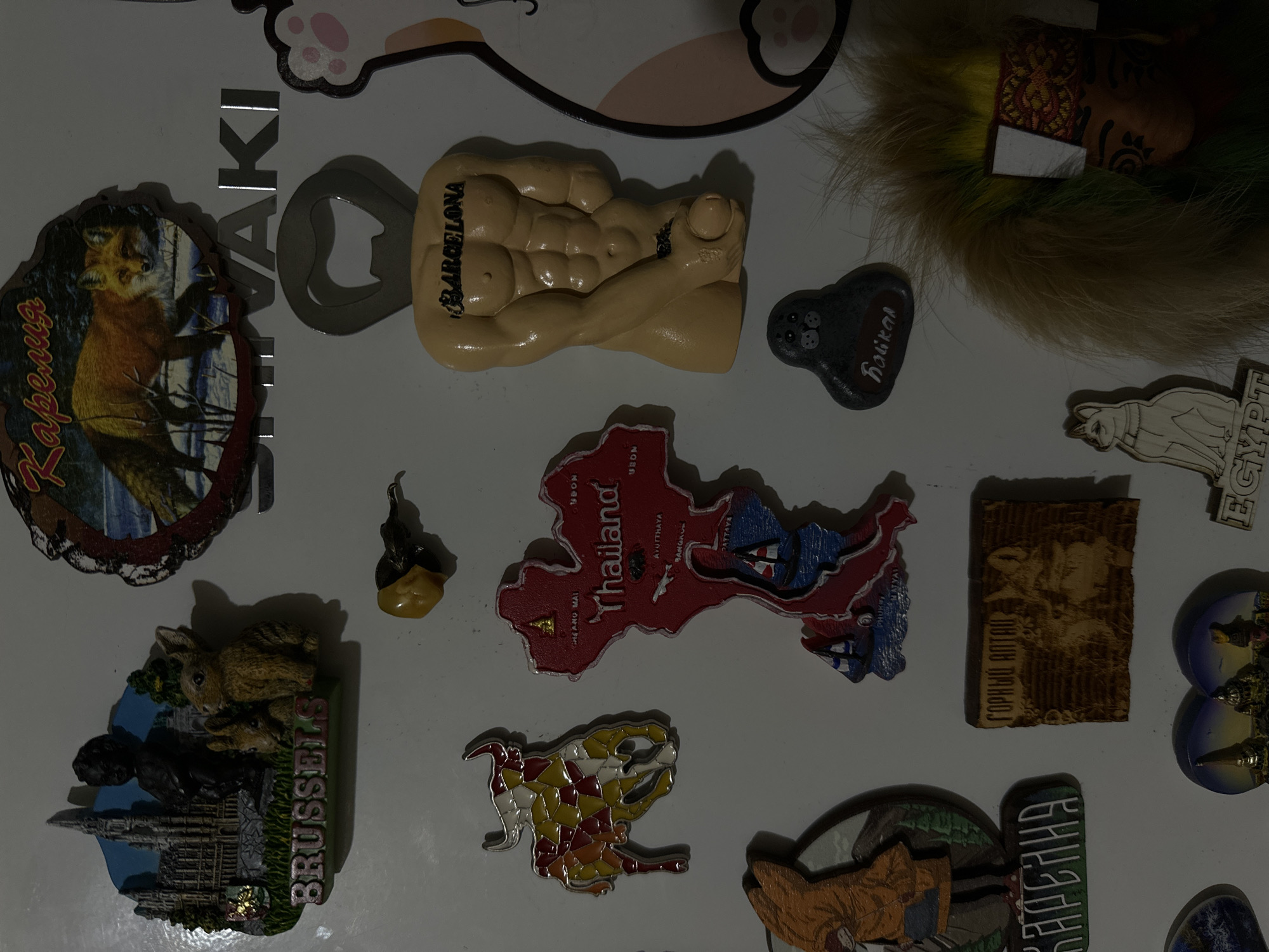 The image shows a collection of souvenir refrigerator magnets. There are magnets representing: a fox (labeled "Карелия"), an opening tool next to the word "AKI", a male torso labeled "BARCELONA", a lake labeled "Байкал", a cat labeled "EGYPT", the map of Thailand (with cities like "CHIANG MAI" and "PATTAYA"), a rabbit over a cityscape labeled "BRUSSELS", a phoenix, a rectangular object labeled "ГОРНЫЙ АЛТАЙ" and "КАРЕННЯ", and a blue object over the bottom. There is no information to determine whether this scene is located in the city of Vladimir, Russia.