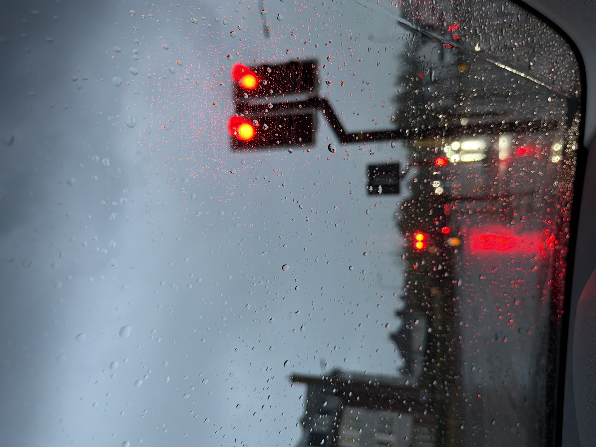 The image depicts a view through a rain-splattered window of a vehicle. Outside, a traffic light is visible displaying a double red signal. Further beyond, blurry lights suggest other vehicles or street lighting. The overall atmosphere indicates a rainy day or night. The specific location cannot be identified from this image.