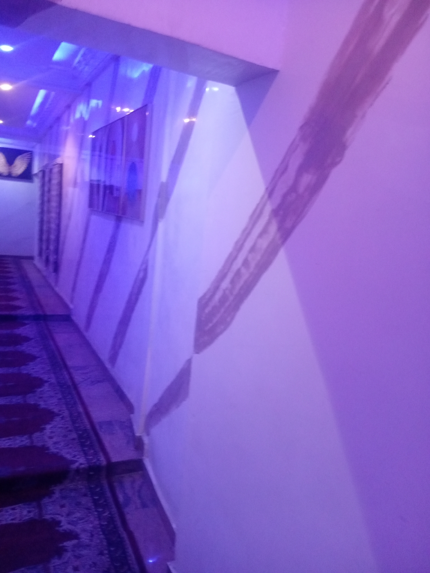 This image captures a dimly lit interior hallway, bathed in purple and blue lighting, likely in Sabon Gari East, Nigeria. The hallway features a carpeted floor with a repeating pattern of dark red and purple motifs. On the right wall, there's a decorative element consisting of thick, uneven brushstrokes in a lighter purple hue, creating a textured, abstract design. On the left wall, a framed picture with a golden wing motif is visible, along with what appears to be another framed artwork or decorative panel. The ceiling is also illuminated with blue lights, adding to the ambient mood of the space. The overall impression is one of a stylishly decorated, possibly religious or communal, indoor space.