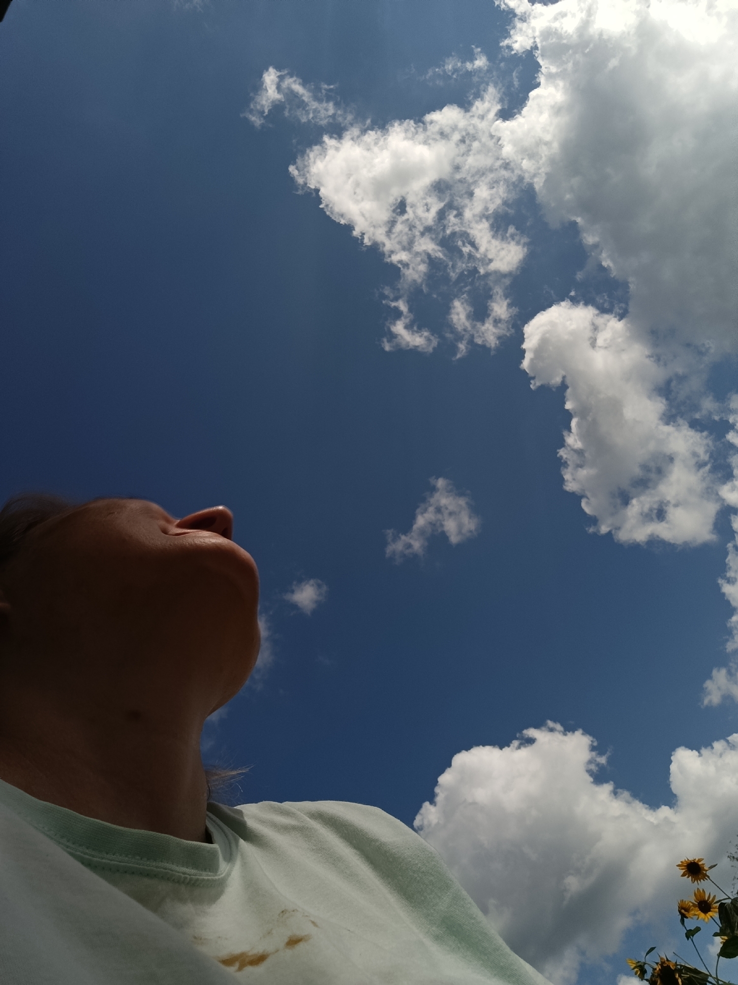 The image depicts a person's profile, looking upwards towards a bright blue sky with scattered white clouds. The person is in the lower left quadrant of the frame, with their face and upper torso visible. They are wearing a light-colored t-shirt with a dark stain on the front. The background is dominated by the sky, with a few sunflowers visible in the lower right corner. There is no information available about the specific location within Dubovaya, Russia.