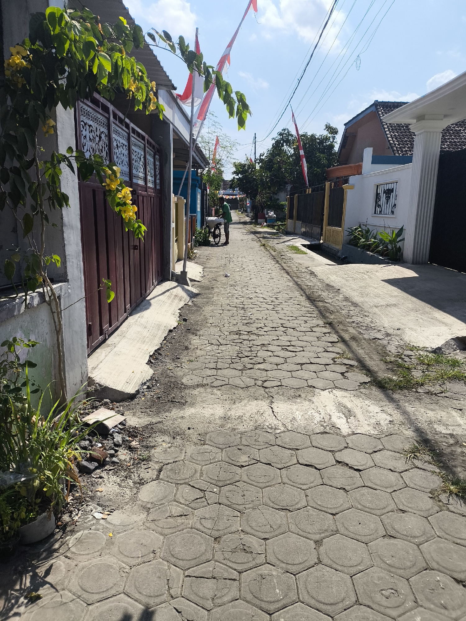The image depicts a narrow street in Lumajang, Indonesia, paved with hexagonal interlocking concrete blocks. The street is lined with houses and fences, and decorated with red and white Indonesian flags, suggesting a national holiday. On the left, a brown metal gate with decorative patterns is visible, bordered by a wall with a plant and yellow flowers cascading over it. A concrete pathway runs alongside the gate. In the distance, a person in a green shirt is pushing a cart. The sky is clear with scattered clouds, and sunlight casts shadows across the street. The environment appears to be a residential area with a tropical climate.