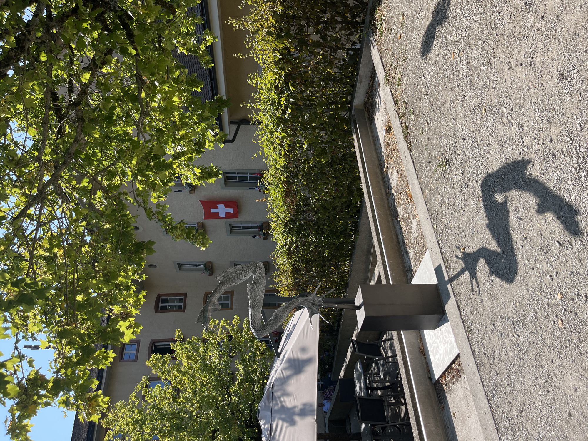 The image depicts an outdoor scene in Epagny, Switzerland, featuring a sculpture of a serpentine creature and a building with a Swiss flag prominently displayed. The sculpture, made of a metallic material, is positioned on a dark pedestal, casting a distinct shadow on the gravel ground. To the left of the sculpture, an umbrella covers a table with chairs, suggesting an outdoor seating area, possibly a cafe or restaurant. A person is partially visible seated at the table. The building in the background is a light-colored structure with multiple windows. A Swiss flag hangs from the building, indicating a public or official space. Lush green foliage from trees and bushes surrounds the area, providing a natural element to the urban setting. The ground is covered in gravel, with concrete borders defining pathways or garden beds. The overall impression is a well-maintained outdoor area with a blend of art, architecture, and nature.