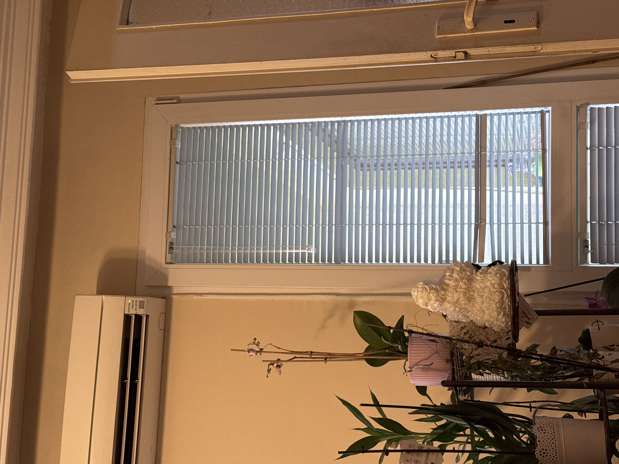 The image depicts an interior scene. A window with closed blinds is visible, allowing a glimpse of an exterior scene with trees and possibly buildings, suggesting a residential area. In front of the window is a plant stand with various potted plants. To the left of the window is a wall-mounted air conditioning unit. The wall is painted a light color. The image does not contain information about Sofia, Bulgaria. The provided image does not show any people, actions, or interactions.