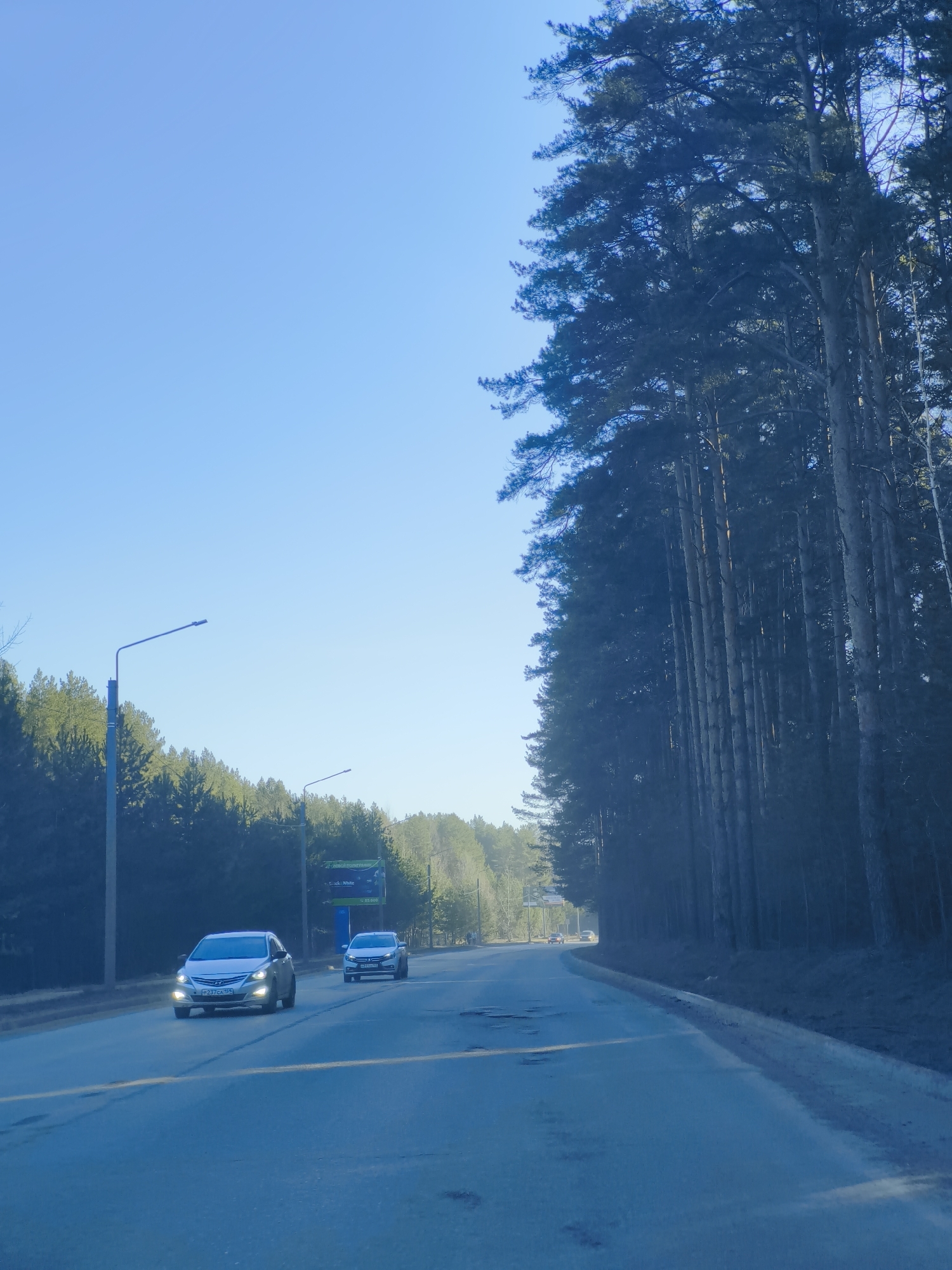The image depicts a road in a location identified as Unknown, Unknown. The sky is blue. On the road, two cars are traveling, one closer to the camera and another further in the distance. A line of tall trees borders the right side of the road, while shorter trees and streetlights are visible on the left. The road itself appears cracked or uneven in places.