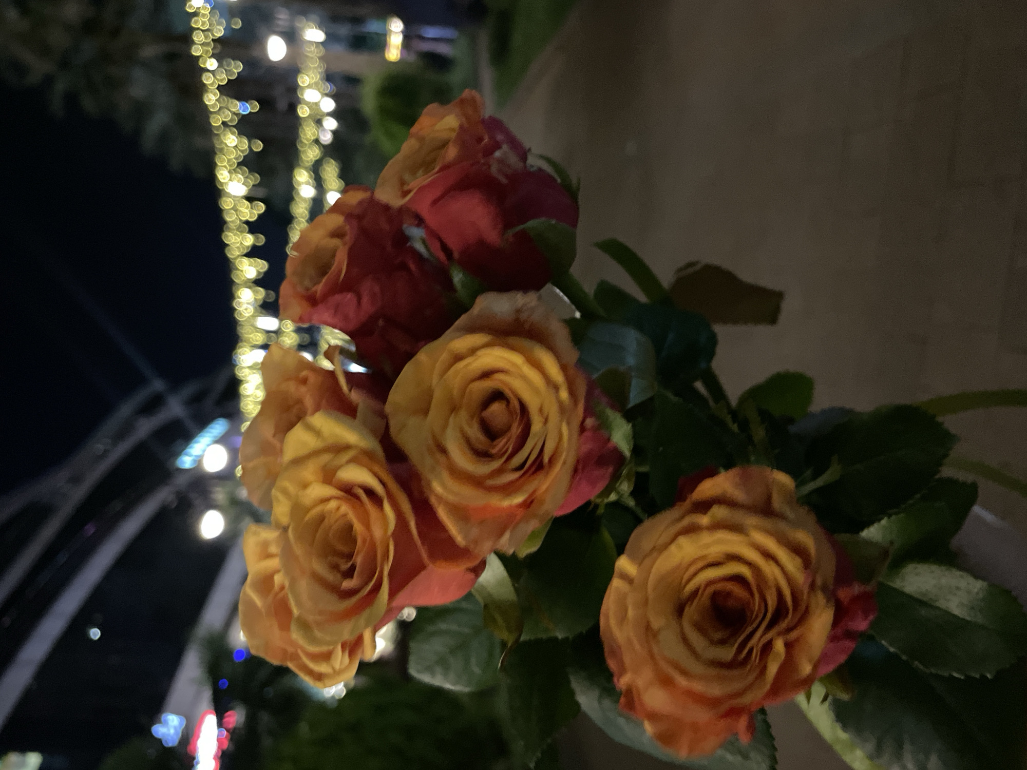 A bouquet of roses is held in the foreground, with the blurred lights of a city at night forming the background. The roses are a mix of deep orange and red hues, with the orange ones featuring darker red edges. They are illuminated by artificial light, giving them a soft glow. In the background, out-of-focus lights suggest an urban environment. The lights appear to be strung across an area, possibly a street or park, and there are also brighter, diffused lights that could be from buildings or streetlamps. The overall impression is of a romantic or celebratory evening in a city. This scene is consistent with the ambiance of Sochi, Russia, a city known for its nightlife and beautiful coastal setting.