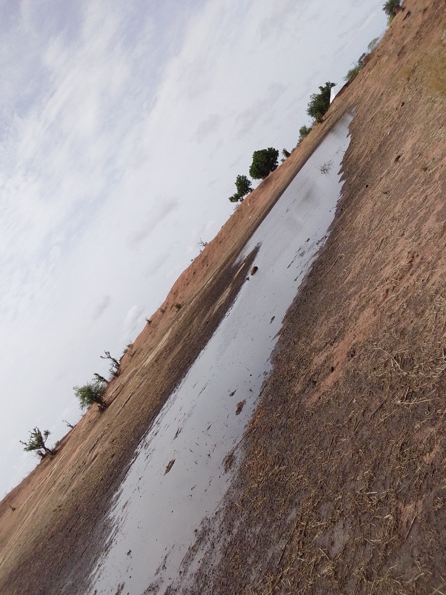 The image shows a landscape in what appears to be the Mulke Barikin Sayejo region of Nigeria. The sky is overcast with a cloudy sky. The ground consists of reddish-brown soil. A body of water, possibly a puddle or shallow stream, reflects the sky and cuts through the landscape. Sparse vegetation and scattered trees appear on the horizon and hillside. The ground near the water's edge appears muddy with scattered dry grass or straw. The image is tilted.