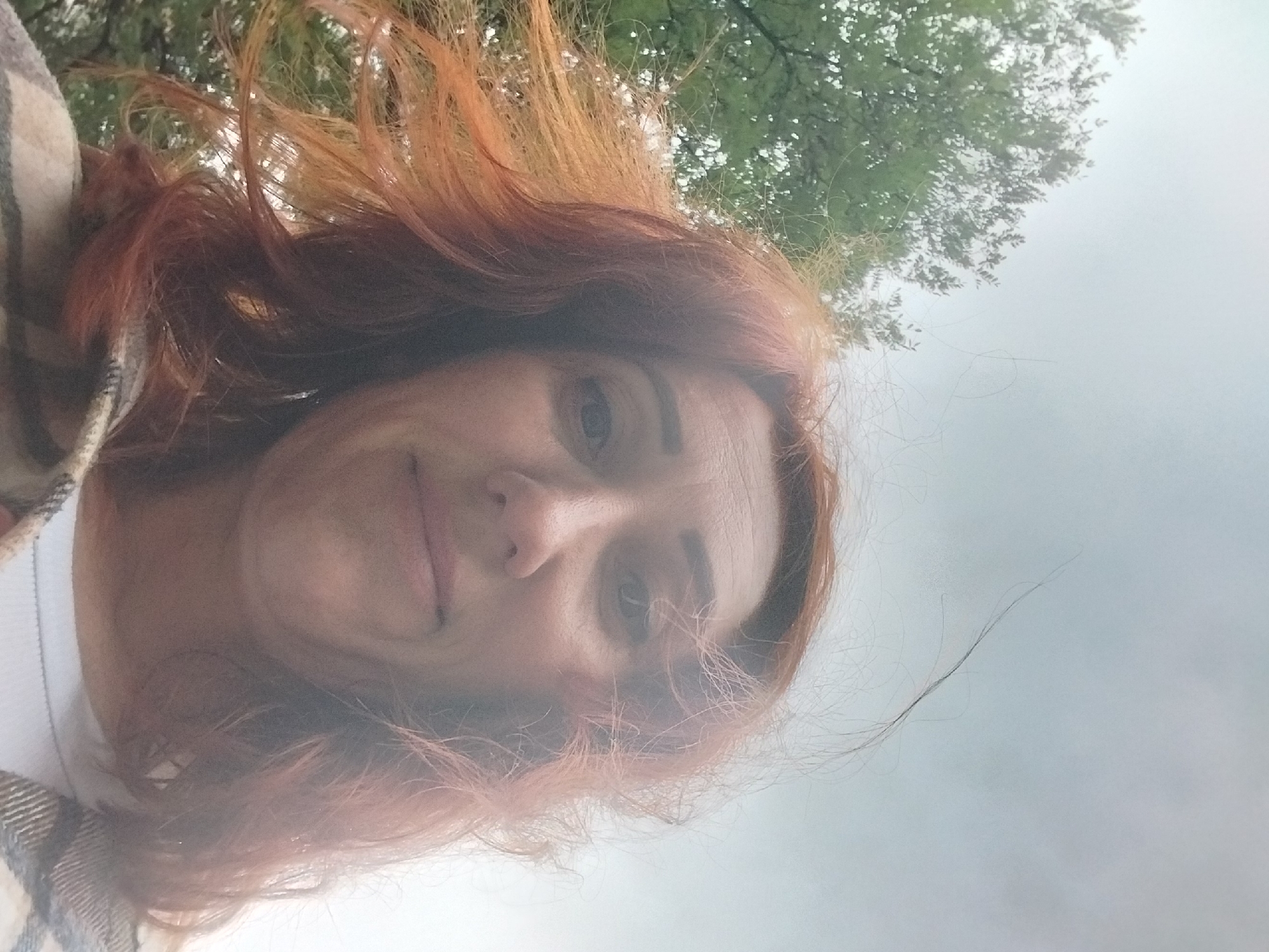 A low-angle, first-person perspective selfie captures a woman with red hair, her face partially obscured by her hair blowing in the wind. She is looking directly at the camera with a neutral expression. She is wearing a plaid jacket over a white shirt. In the background, the blurred green foliage of trees and a light grey sky are visible. The image does not contain any recognizable landmarks that would indicate a specific location within the city of Dnipro, Ukraine.