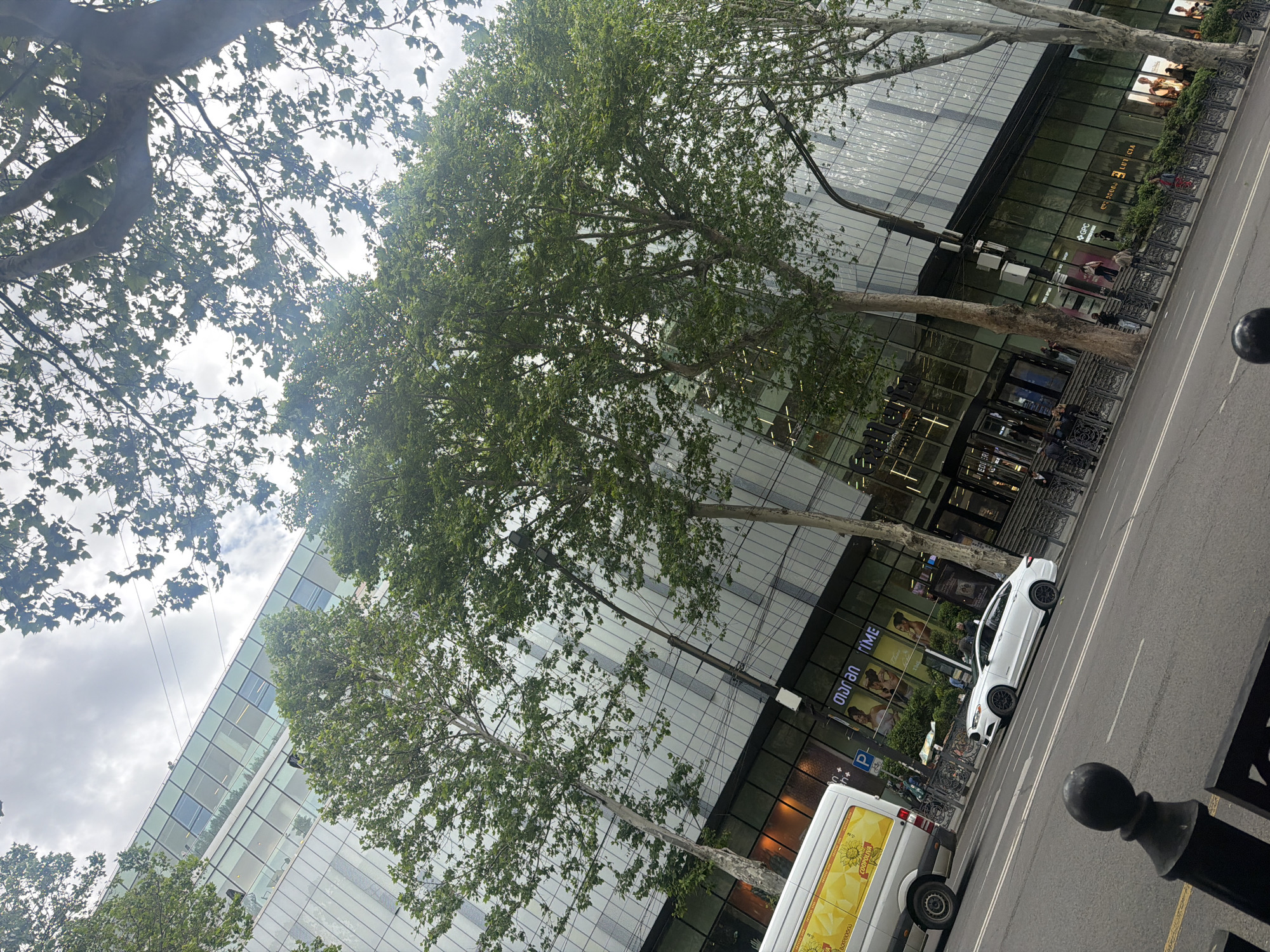 This media file captures a slanted, daytime urban scene featuring a modern building, street, trees, and vehicles. The image is rotated counter-clockwise, giving it a diagonal composition.
**Subjects:** The central subject is a multi-story, contemporary building with a predominantly glass and light-colored panel facade, reflecting the cloudy sky and surrounding greenery. Several large, leafy trees with substantial trunks line the street in front of the building, partially obscuring its lower levels. A paved road runs parallel to the building, featuring white lane markings. Parked on the street are a white commercial van with yellow graphics on its side, and a white sedan. People are visible on the sidewalk and near the building's entrances, appearing small in the frame, engaged in general pedestrian activity. Black decorative railings and street bollards are present along the sidewalk.
**Activity or event taking place:** The scene depicts typical urban life; people are walking, and vehicles are parked, suggesting a regular day in a commercial or residential area of a city. No specific event is evident.
**Notable details:** The time of day appears to be daylight, under an overcast or partly cloudy sky, with diffused lighting and no strong shadows. The modern architectural style of the building suggests a contemporary urban environment. The image's tilted orientation adds a dynamic visual element.
**Visible text:**
* On the white van, yellow graphics with sunflowers are visible, along with partially legible text that appears to include "COOKOIL" or similar, and "OIL".
* On the building's storefronts, several signs are visible:
* Prominently, "ორბელი" (Orbeli) and "ტაიმ" (Time) are written in Georgian script.
* A "GPC" logo is seen further along the facade.
* Near the bottom left, "EDELWEISS" is partially visible in Latin script.
* A standard blue parking sign with a white "P" is also present.