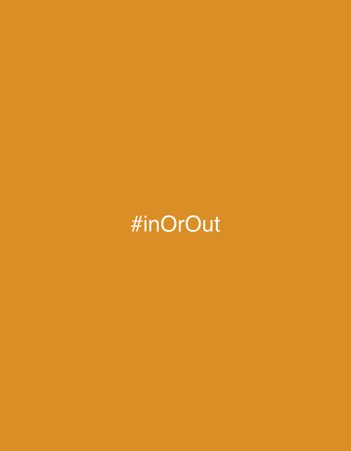 A centered, white hashtag '#inOrOut' is displayed on a solid, uniformly-colored orange background. The image does not contain any identifiable location, people, subjects, objects, actions, or interactions. The environment is non-existent beyond the color background.