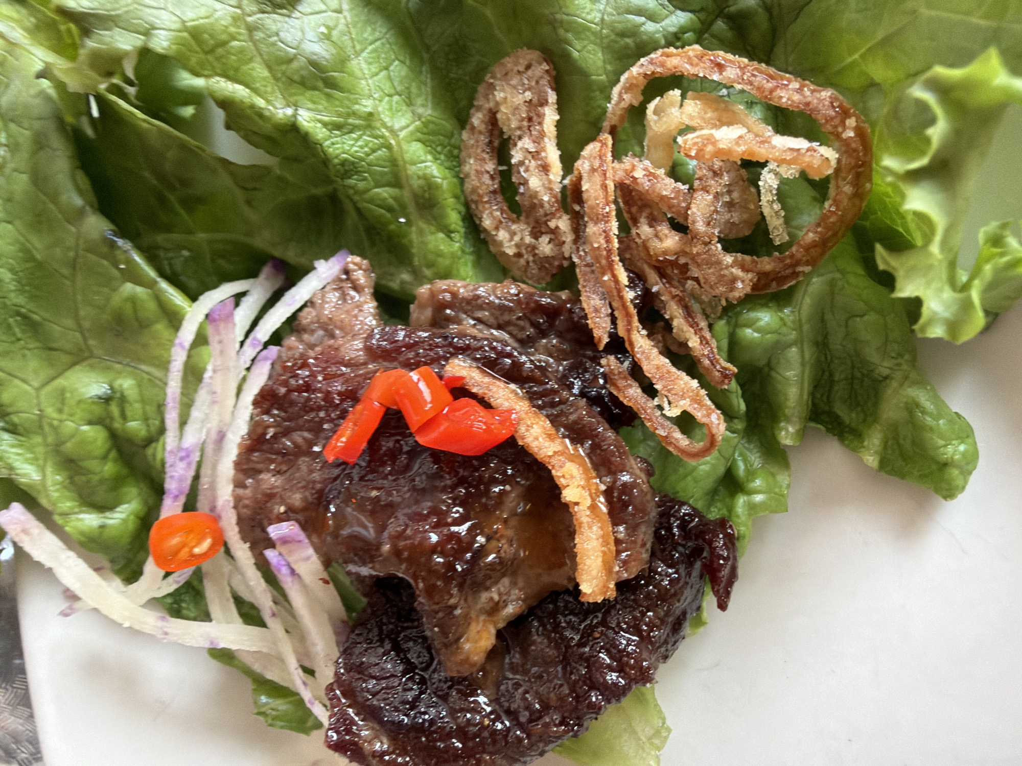 A close-up shot shows a food item, potentially an appetizer or small plate, presented on a white plate. The dish features a base of green lettuce leaves. Atop the lettuce is a serving of glazed, dark-brown meat, resembling beef or pork. Scattered around the meat are thin, white and purple strands, possibly shredded vegetables or herbs. Garnishing the dish are crispy, fried onion rings and small pieces of bright red chili peppers. The food appears to be served indoors. The location, New York City, United States of America, is extraneous and is not evident within the image itself.