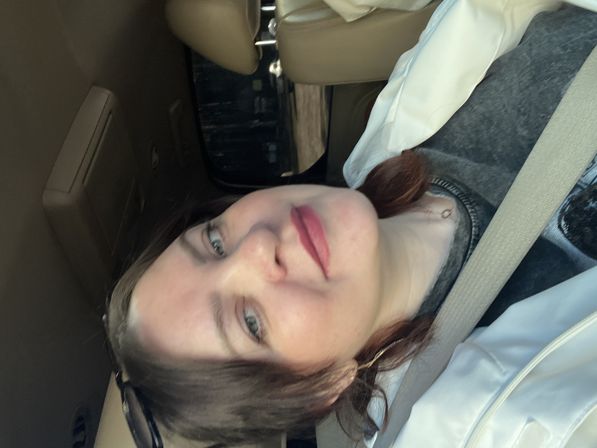 The image features a close-up, rotated selfie of a woman situated inside what appears to be a vehicle. The woman has light skin, reddish-brown hair pulled back, and light blue or green eyes. She is wearing dark red lipstick and a dark gray top with a distinctive pattern around the neckline, possibly a crew neck or scoop neck. A thin gold-colored necklace with a small circular pendant is visible, along with a gold-colored ear cuff or earring on her right ear (left side of the image due to rotation). Sunglasses rest on the left side of her head or ear. Her expression is neutral, with a slight, subtle smile.
She is secured by a light-colored (beige or grey) seatbelt that diagonally crosses her torso, indicating she is likely a passenger. Surrounding her, parts of the vehicle's interior are visible: a tan/beige headrest from a seat in front of or beside her, and a segment of a white jacket or garment. The interior paneling to her left is dark, possibly a door panel, showing a small rectangular indentation or vent. The view outside the vehicle window behind her is very dark and blurred, making it difficult to discern external details or the exact time of day, though the lighting on her face suggests daytime.
The activity taking place is a self-portrait taken within a car. The setting is the interior of a vehicle, in Noviy, Russia. No visible text is present in the image.