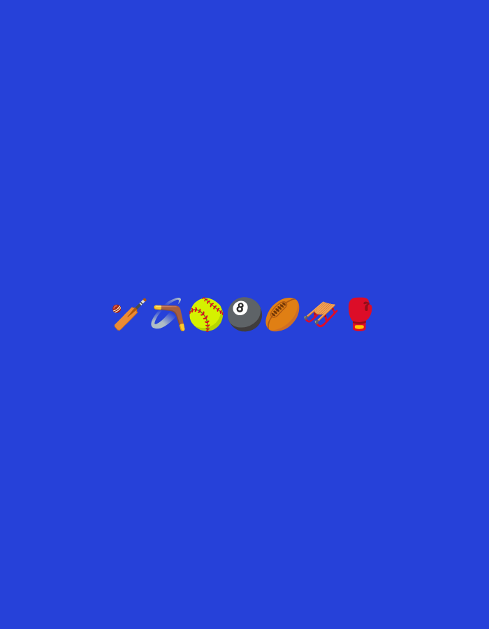 A row of cartoon-style sports equipment emojis is centered horizontally near the bottom of a solid royal blue background. From left to right, the emojis depict a cricket bat and ball, a boomerang, a yellow baseball, a black billiard ball with the number 8, a brown oval-shaped ball (likely a rugby or American football), a red sled, and a red boxing glove. The image does not contain any elements related to Kuta Selatan, Indonesia.