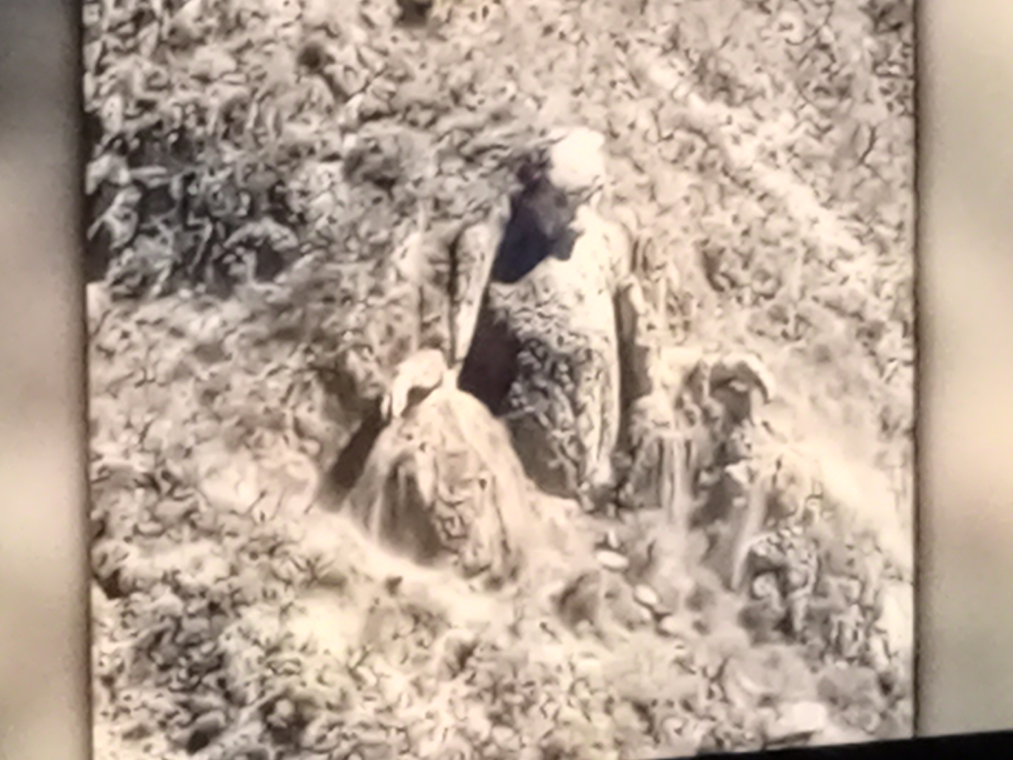 The image is a grainy, black and white photograph of a rocky, mountainous landscape. In the center of the frame, a figure appears to be partially buried in the earth, with their head and shoulders visible. The figure is wearing a light-colored garment. The surrounding terrain is rough and uneven, composed of loose rocks and debris. There are no other discernible figures or objects in the image. The lighting suggests it may be daytime, with shadows cast by the terrain.