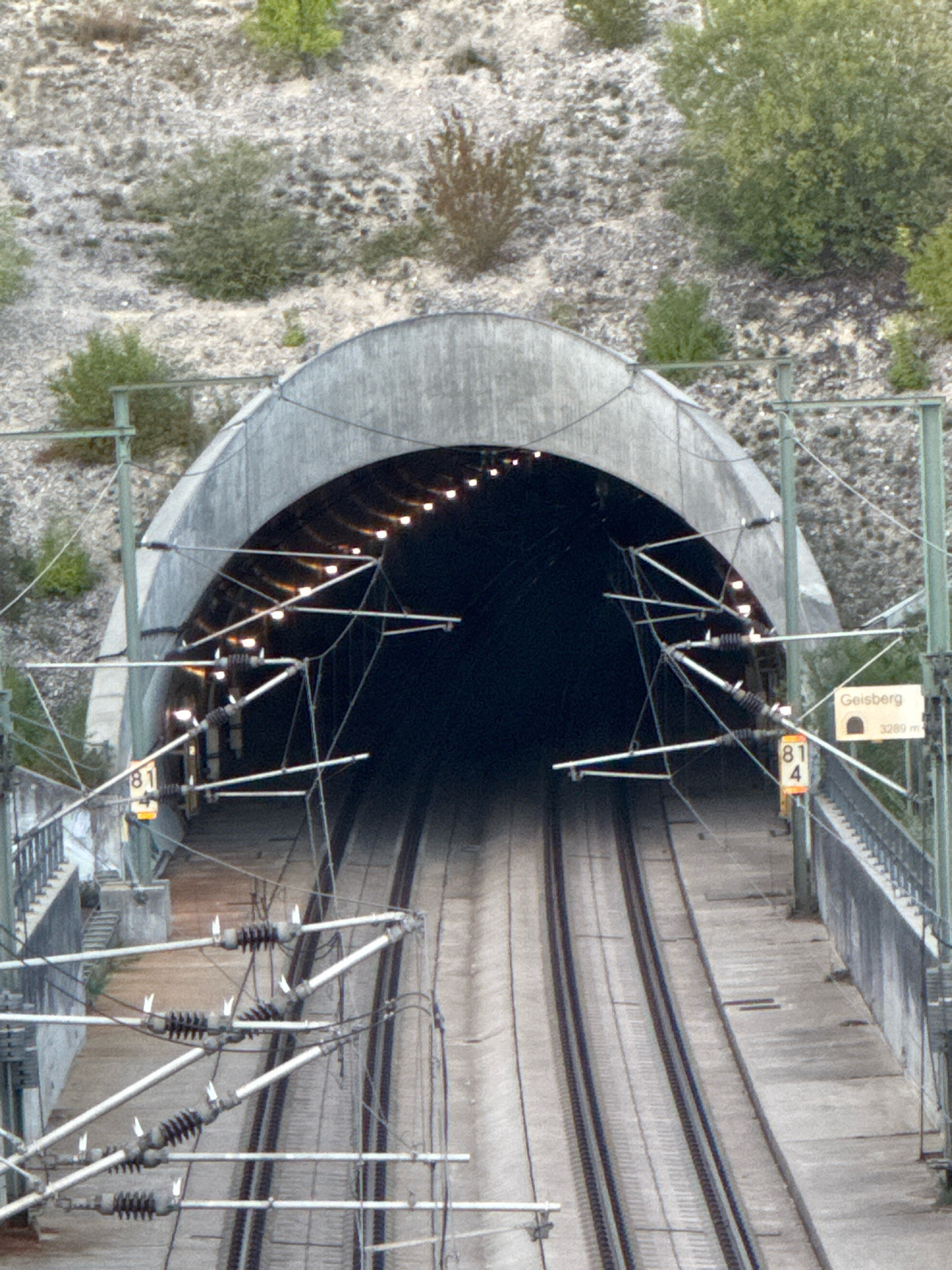 The image shows a view looking towards the entrance of a train tunnel. The tunnel has a curved, concrete entrance and is illuminated by several lights visible inside. Two sets of train tracks lead into the tunnel. Overhead, there is an elaborate system of catenary wires and supporting structures. On the left side of the frame, a yellow sign with the number "81" is visible on a pole. On the right side, a sign reads "Geisberg" with "3289 m" below it, indicating a tunnel name and length. The surrounding environment consists of a rocky embankment with sparse vegetation. The scene appears to be a functional railway infrastructure in an outdoor setting.