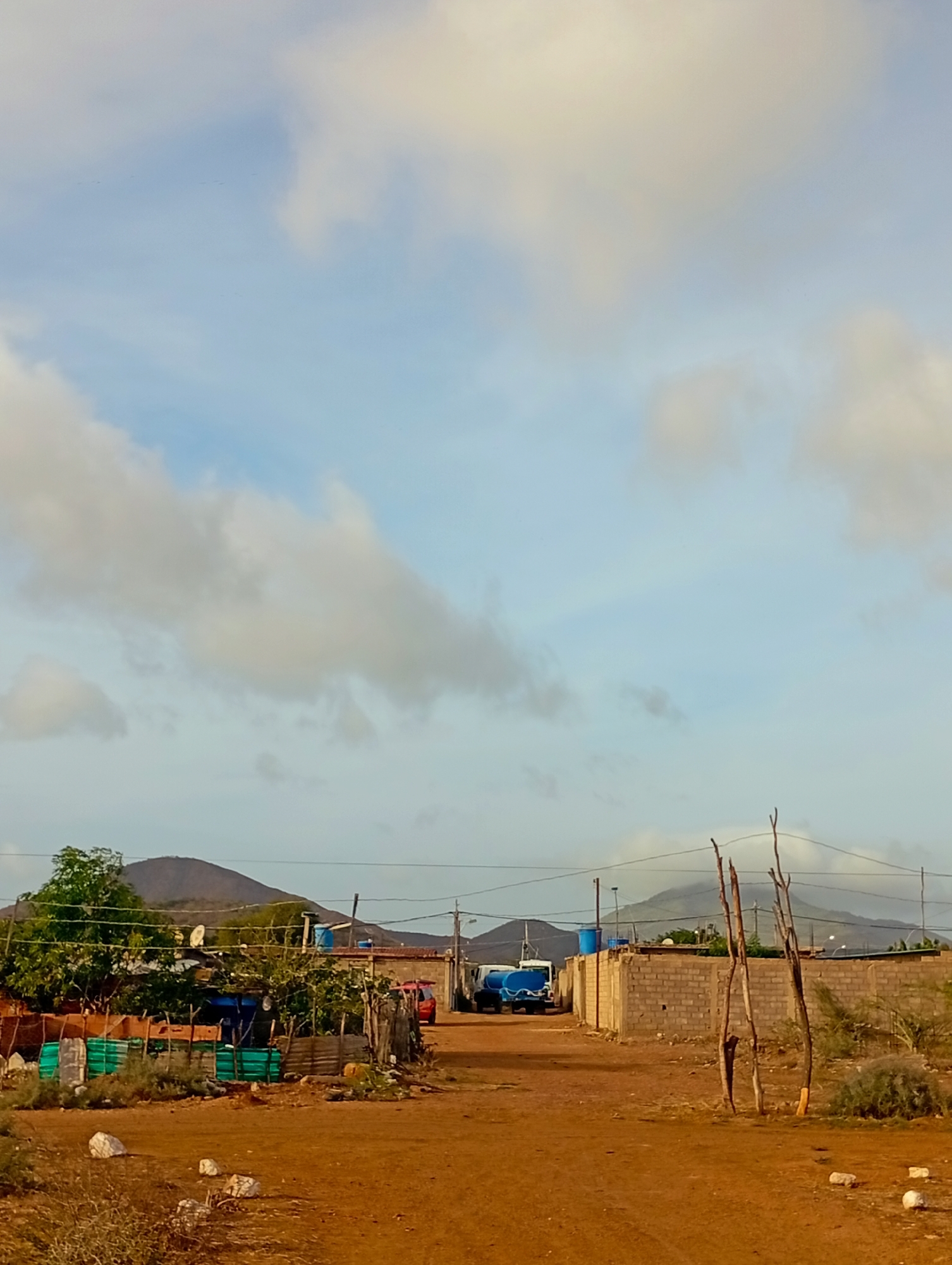The image depicts a rural or semi-rural street scene with a dirt road. In the foreground, the ground is covered with reddish-brown dirt and sparse dry vegetation, with several white rocks scattered about.
The middle ground features a collection of structures and vehicles. On the left, there's a cluster of informal dwellings constructed with various materials including wood, corrugated metal, and some green tarpaulin. A tree with lush green foliage is prominent here. Further down the road, a blue and white truck with a water tank is visible, parked near a building made of concrete blocks. To the right of this truck, there's a section of a brick wall and more buildings constructed from concrete blocks, some appearing partially completed. Several dried, leafless tree branches stand in front of these buildings.
In the background, rolling hills or mountains are visible under a partly cloudy sky. The sky itself is a pale blue with scattered white and light yellow clouds. The overall impression is one of a developing area with basic infrastructure, typical of many towns and villages. The provided context specifies the location as Altagracia, Venezuela. However, the image itself does not contain explicit visual cues to confirm this specific location. It shows a general environment that could be found in many similar regions. There are no people clearly visible in the image.