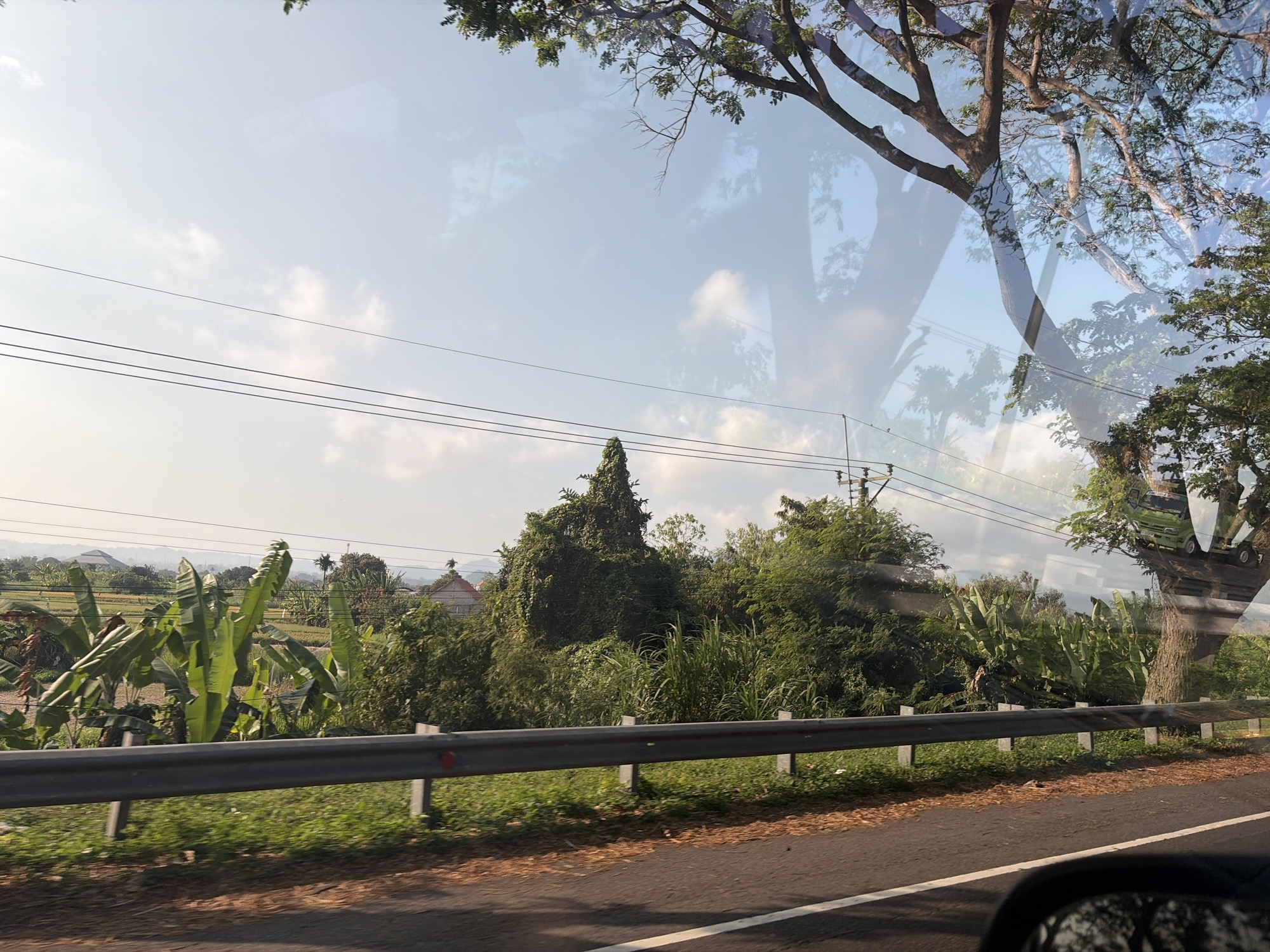 The image captures a view from a vehicle traveling along a road in Klungkung, Indonesia. The foreground shows the asphalt road with a white line marking its edge and a metallic guardrail. Beyond the guardrail, green grass and dry leaves cover the ground. In the middle ground, lush green vegetation is prominent, including banana plants and dense foliage. In the background, a field with agricultural crops is visible, along with several houses and buildings. Overhead, power lines crisscross the sky, and a large tree with spreading branches is situated on the right side of the frame. The sky is blue with scattered white clouds. Reflections of trees and the sky are visible on what appears to be the vehicle's window. There are no people visible in the frame.