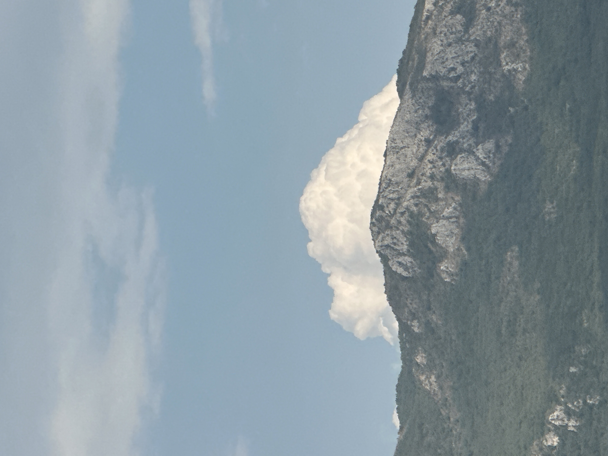 A bright white cumulus cloud is situated directly above the jagged, rocky crest of a densely forested mountain. The mountain's slopes are covered in a dark green, bushy vegetation, interspersed with lighter patches of exposed rock. The sky above is a pale blue, with a few wispy white clouds scattered across it. The scene appears to be captured from a distance, emphasizing the scale of the mountain and the cloud. The location is identified as Boreti, Montenegro.